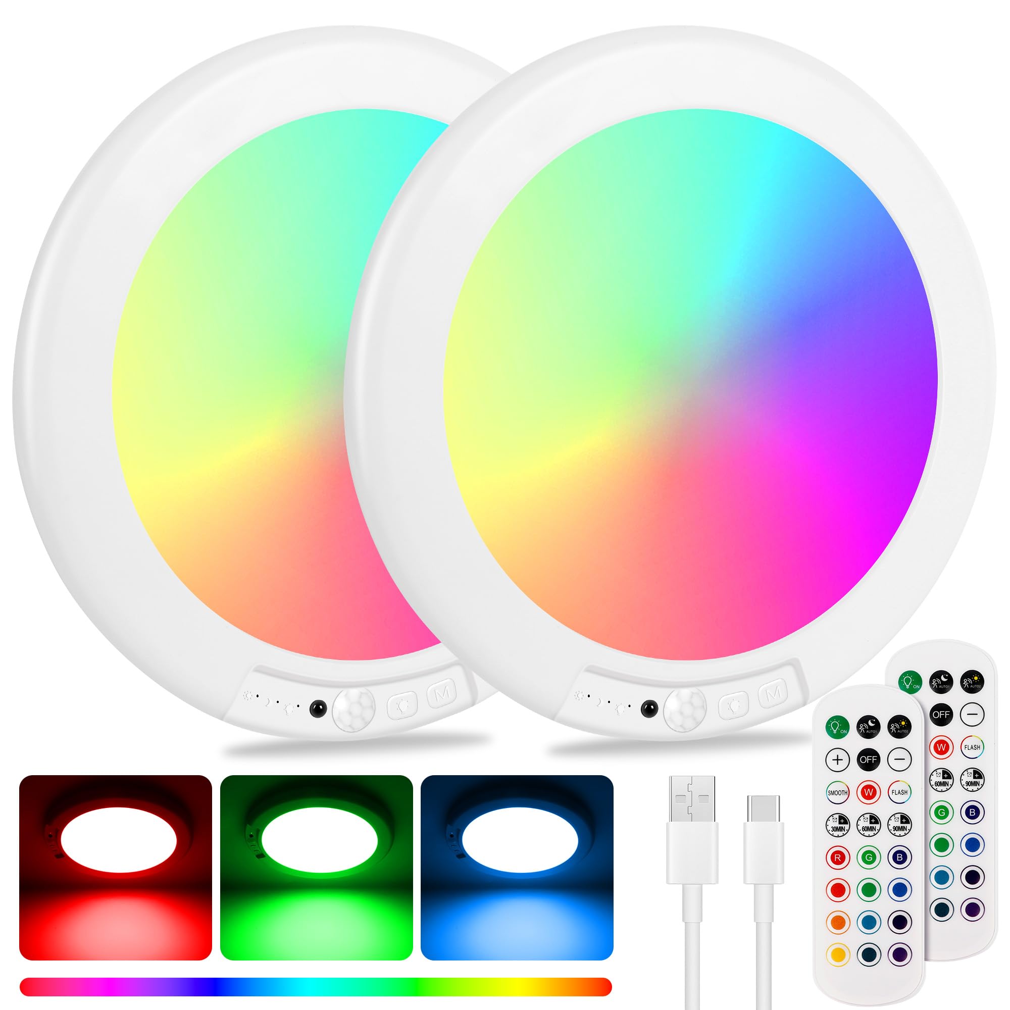 Rodalims Shower Lights For Inside Shower - 2 Packs Rechargeable Ceiling Light With Remote, Color Changing & White Timing Light, 