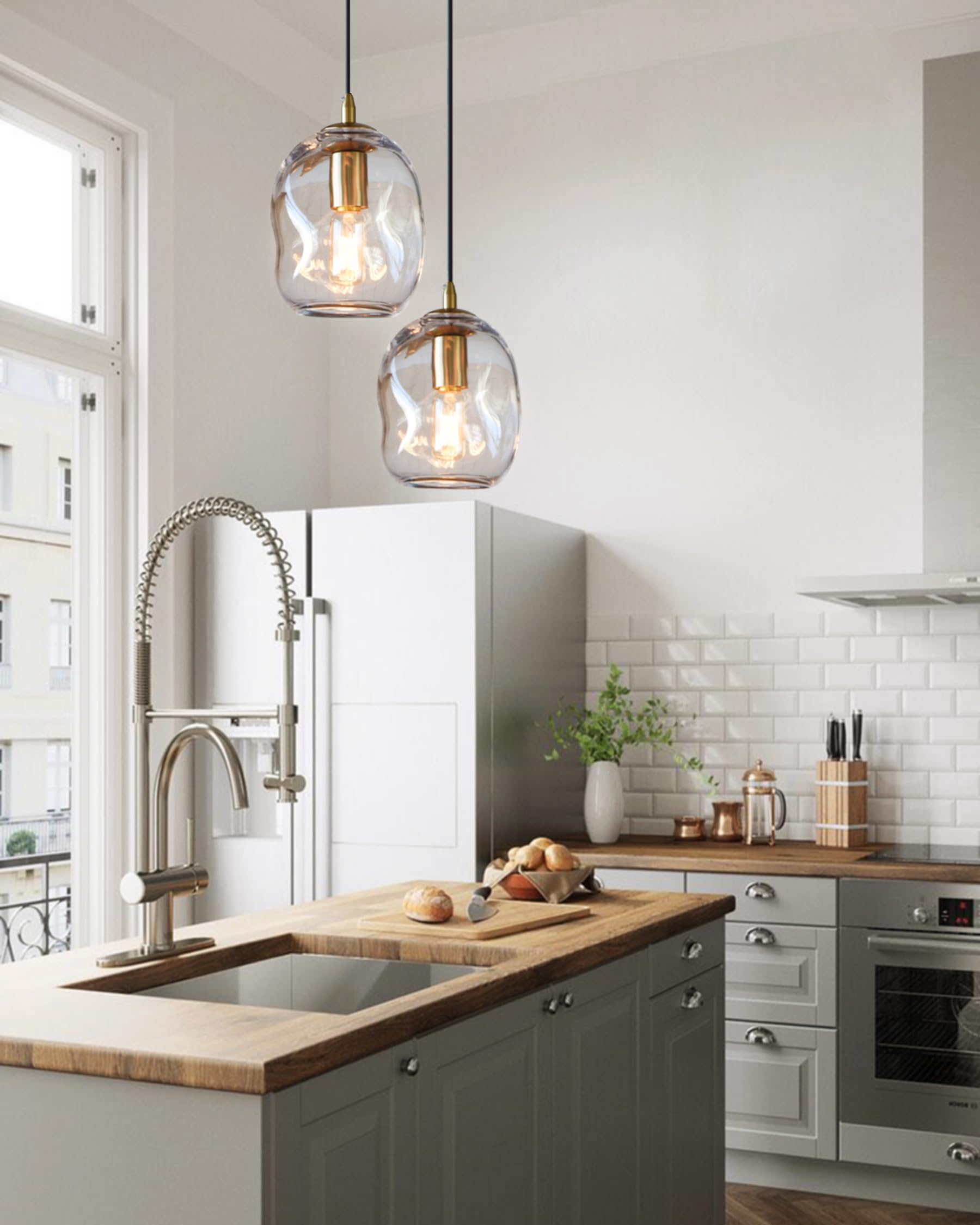 CASAMOTION Pendant Lighting - Modern Clear Glass Globe - Adjustable Cord - 8" Height - 2 Pack - Gold Finish for Kitchen Island and Dining Room