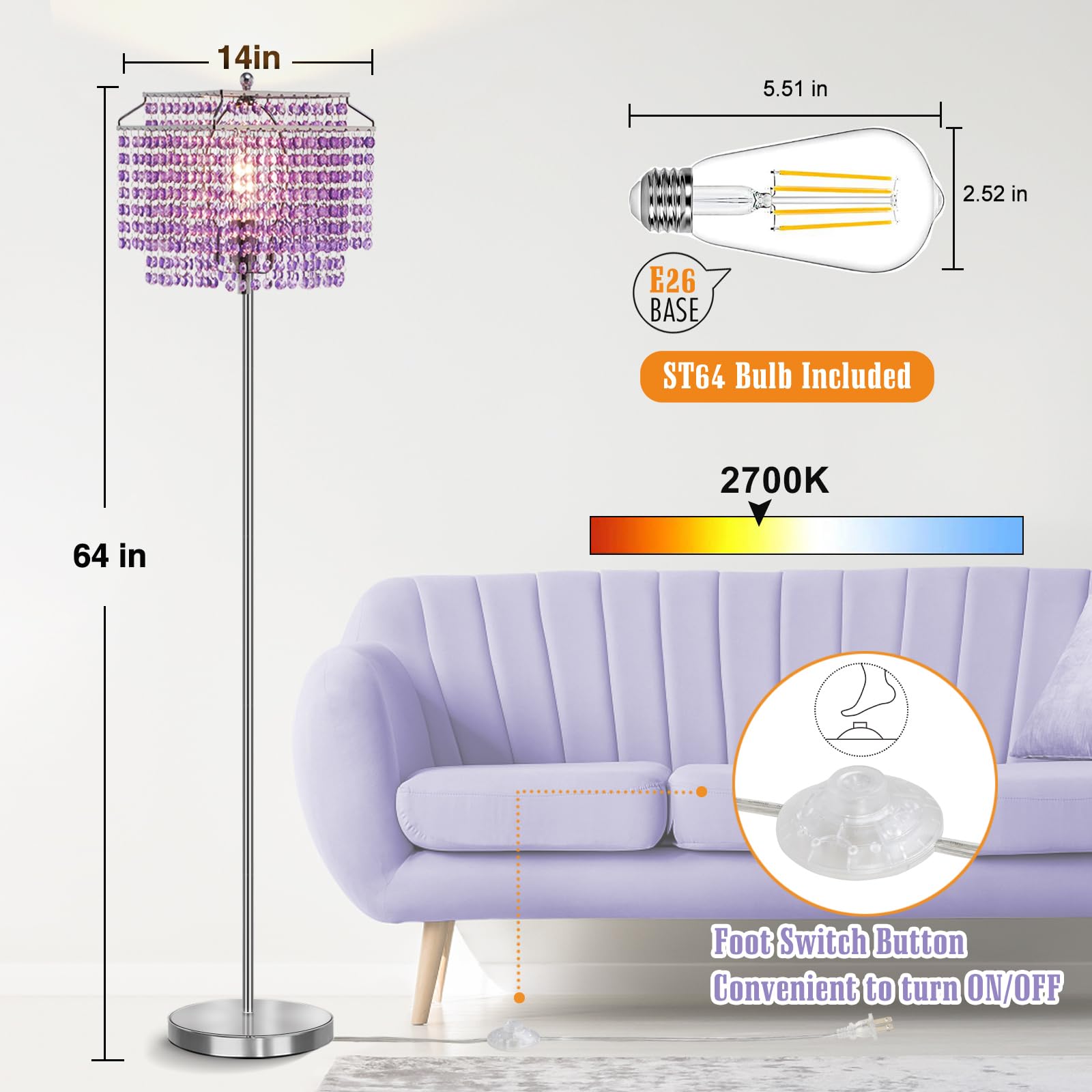 Crystal Floor Lamp Purple, 64'' Tall Standing Lamps With Double-Layer Lampshade, Elegant Floor Lamp With On/Off Foot Switch, Sta