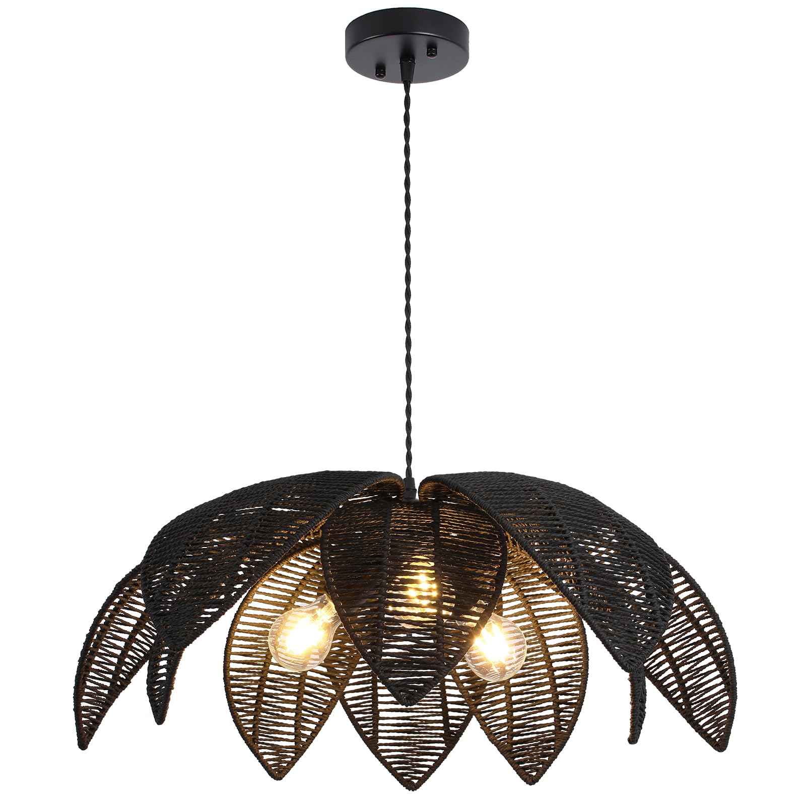 WYYSDWNE 24    Black Boho Large Rattan Chandelier Light Fixture,3-Light Hand Woven Flower Chandelier Farmhouse Wicker Pendant Li