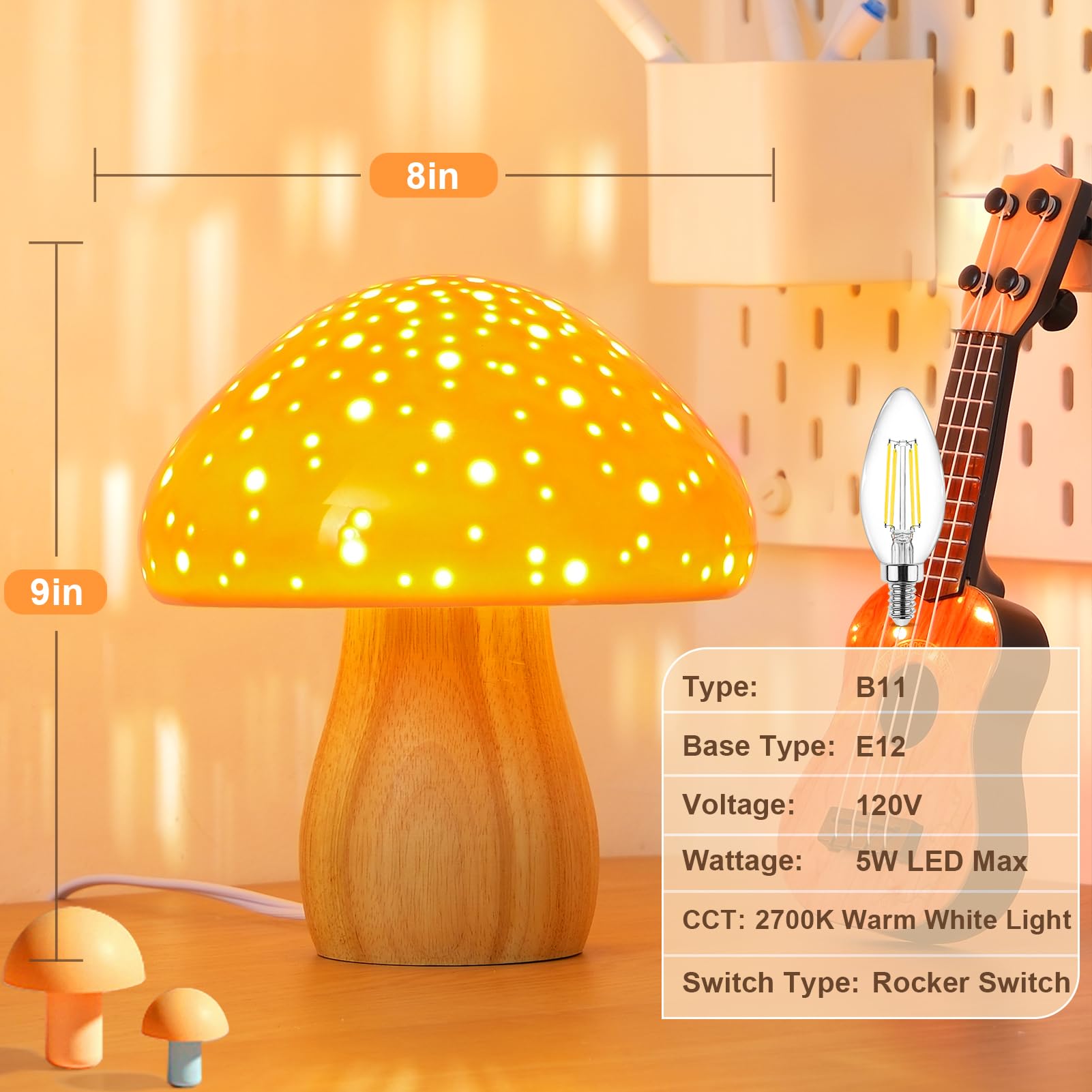 BOHON Ceramic Mushroom Lamp - Retro Vintage Orange Night Light for Bedroom & Living Room, LED Bulb Included, Model C-Mushroom-O