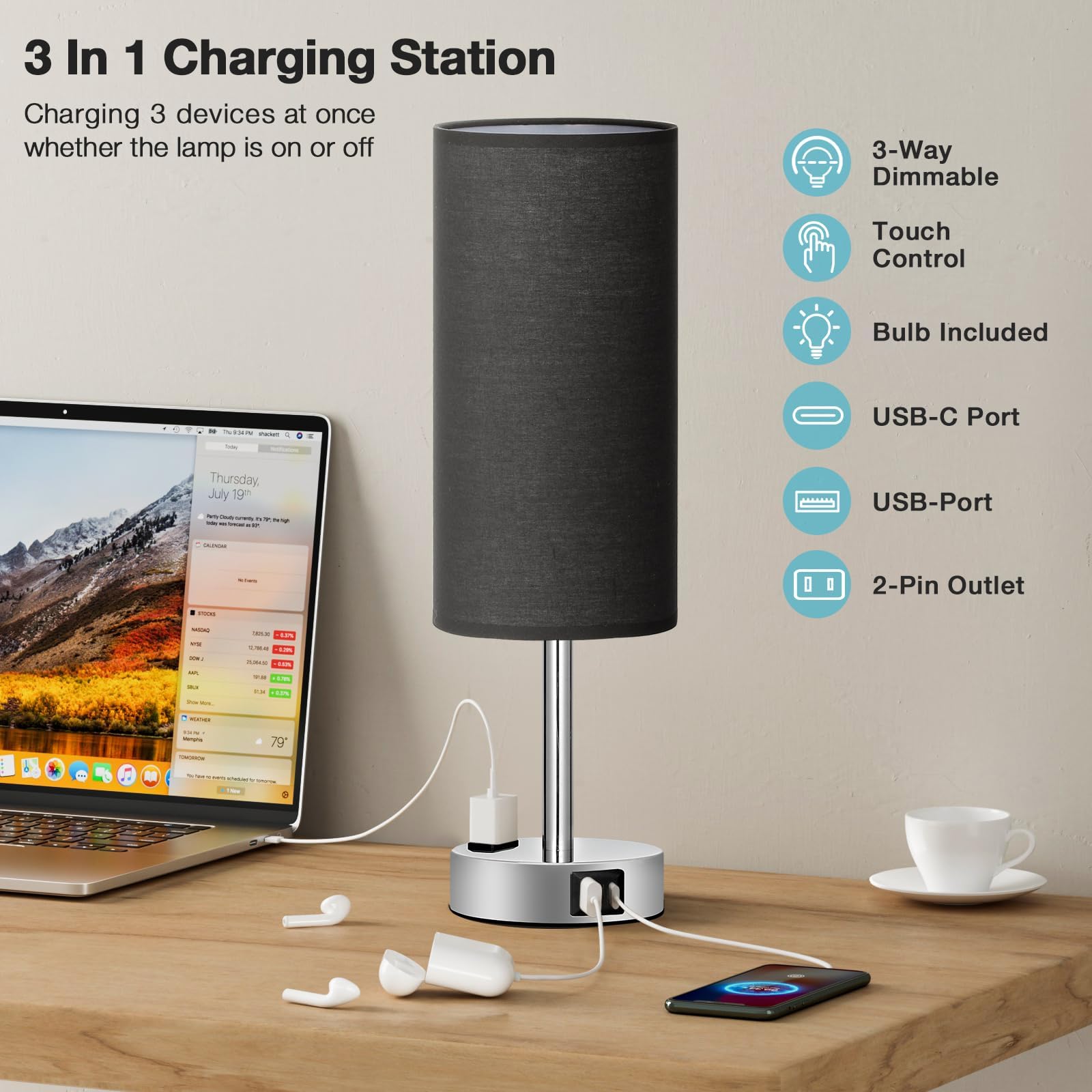 Black Bedroom Table Lamp For Bedside - 3 Way Dimmable Touch Lamp Usb C A Charging Ports And Ac Outlet, Small Desk Lamp For Night
