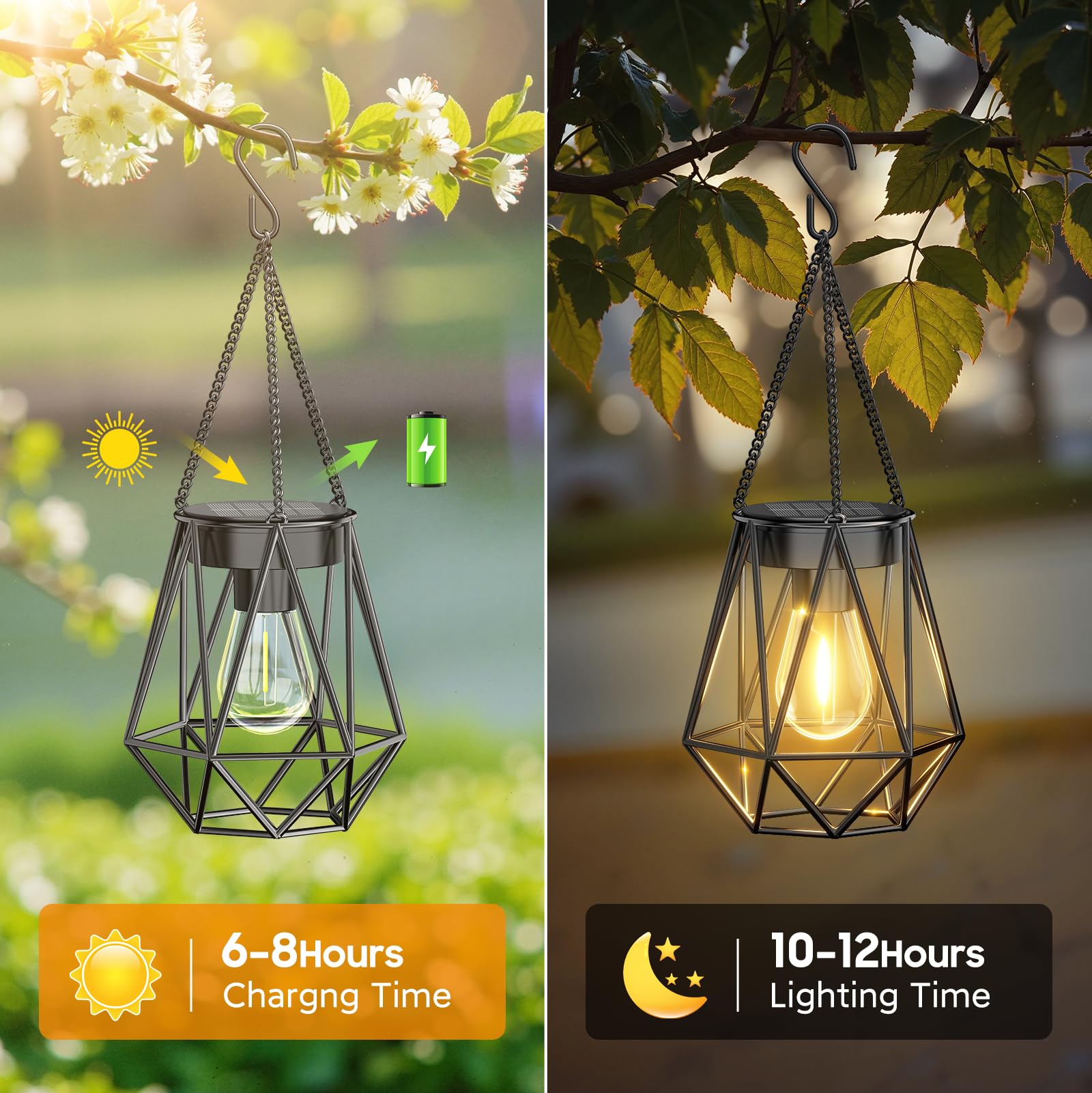 KOOPER Solar Lanterns 2 Pack, Waterproof Metal, Diamond Shape, Black, Model TLL031, Outdoor Decorative Lights for Patio and Garden
