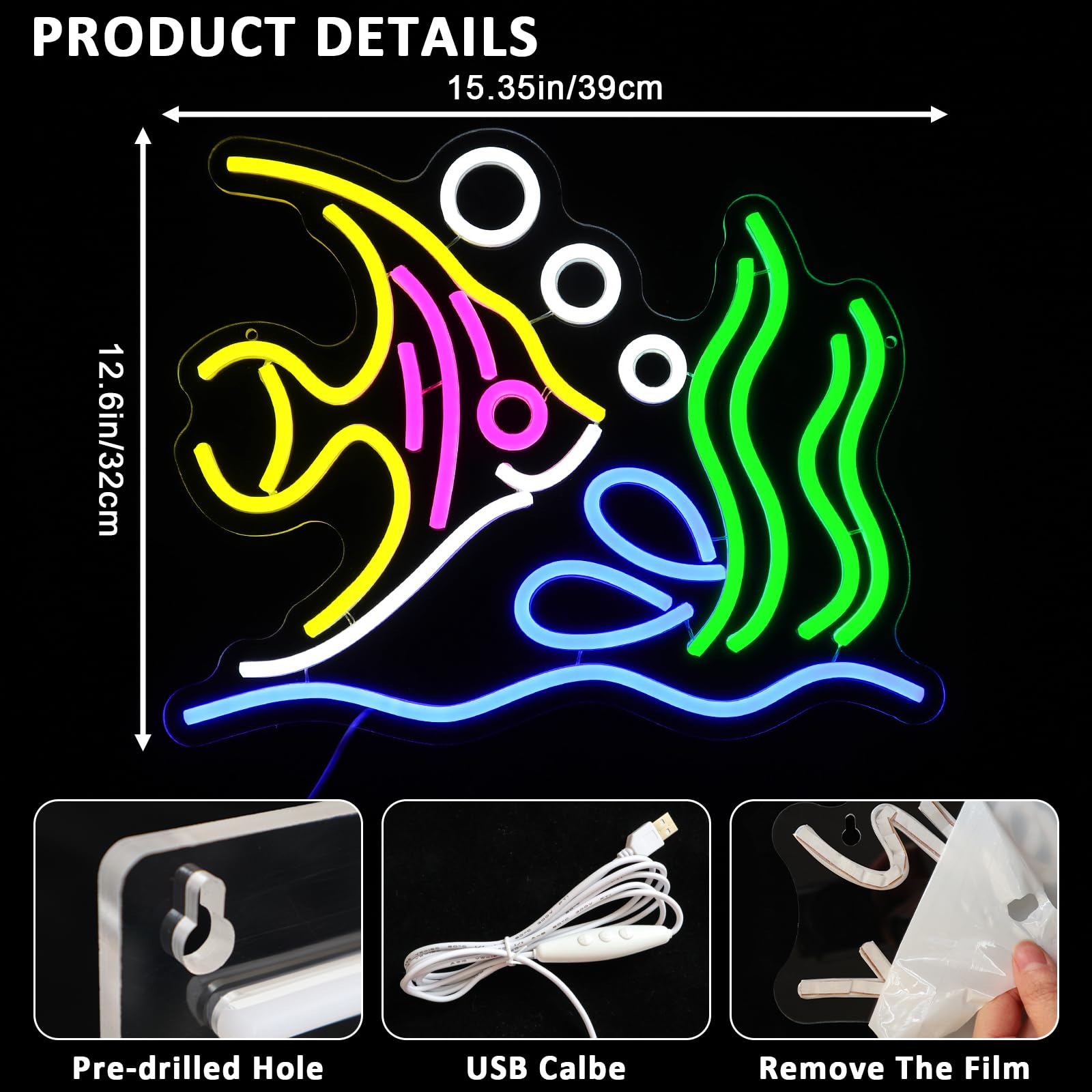 PMCVYH Tropical Fish Neon Sign, USB Dimmable LED Light, 15.35 x 12.6 inches, Multi-colored, Model SYL-Tropical fish for Wall Decor
