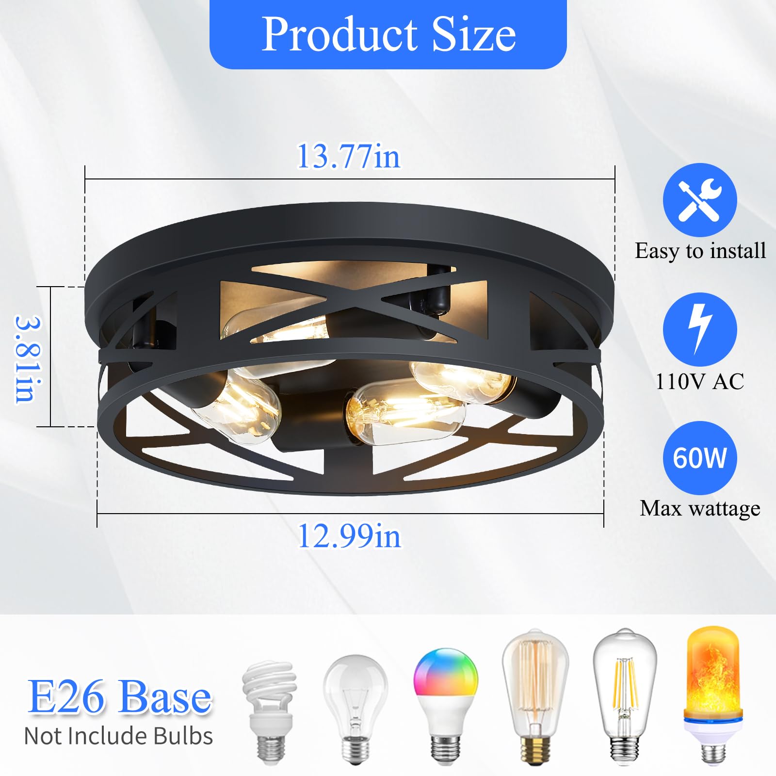 Skejao Flush Mount Ceiling Light Fixture,14 Inch 4-Light Ceiling Light Fixture For Hallway, Black Hallway Light Fixtures Ceiling