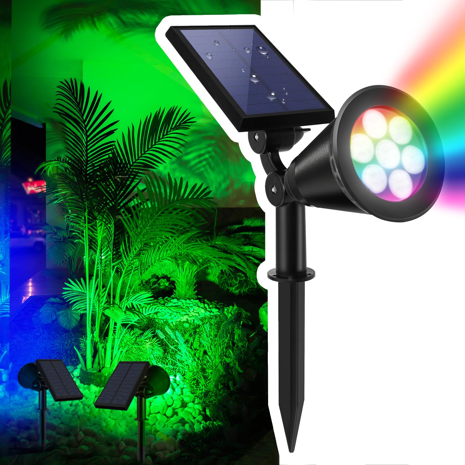 Solar Spotlights Outdoor, 7-LED Flag Pole Spot Lights, RGB Color Changing Solar Powered Landscape Flagpole Light, Dusk-to-Dawn W