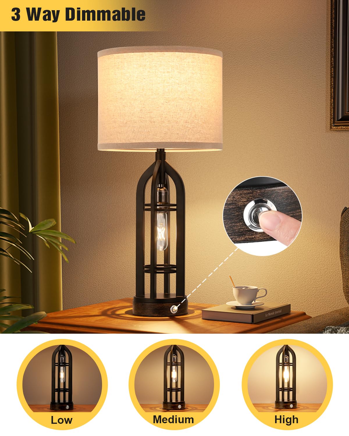 Seealle Table Lamps Set of 2 - 3-Way Dimmable Touch, USB C+A & Outlet, Oat Shade & Black Body, Model 09161