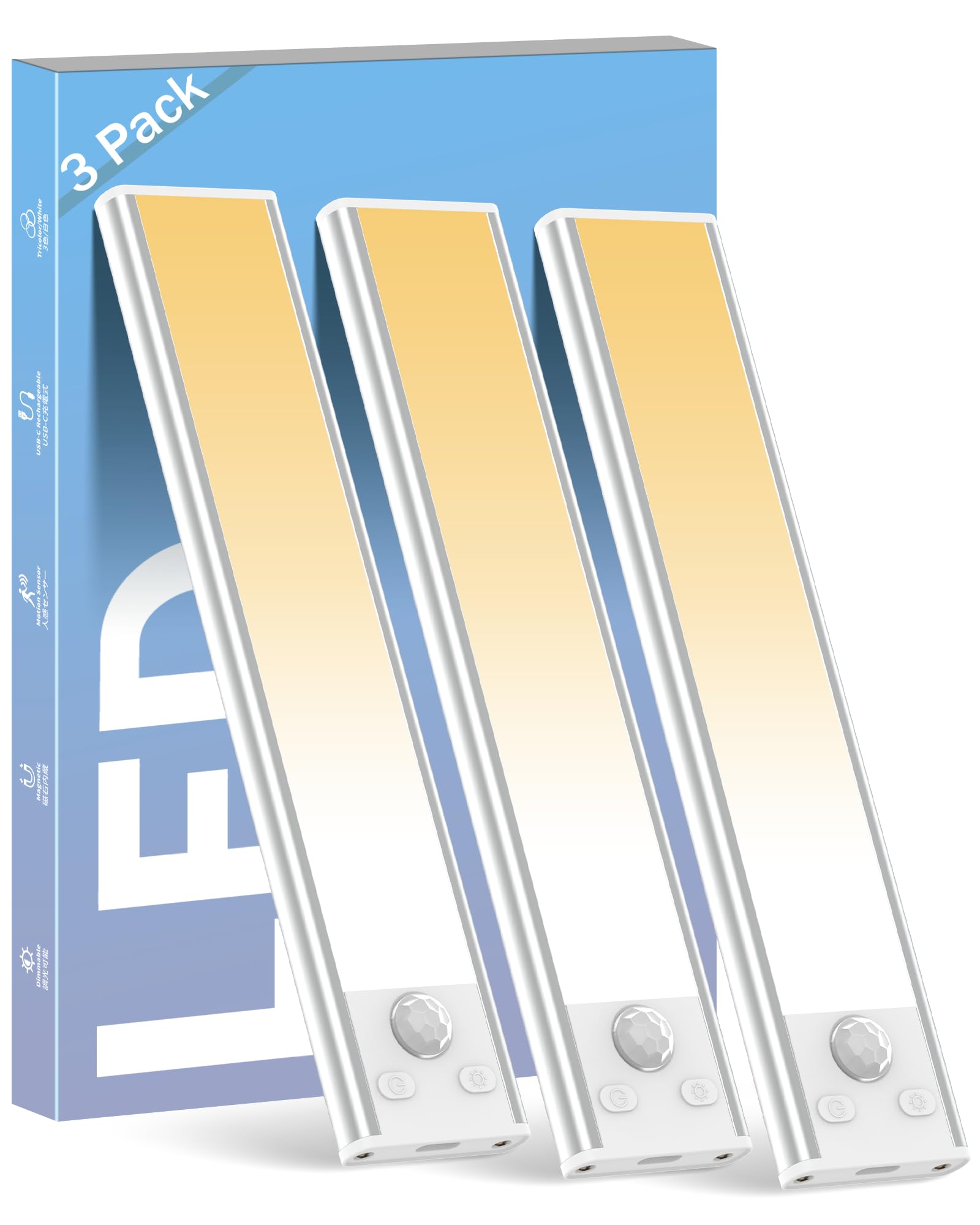 ASOKO Under Cabinet Lights Motion Sensor Light Indoor 3-Colors USB-C Rechargeable LED Closet Lights Battery Operated Wireless Ma