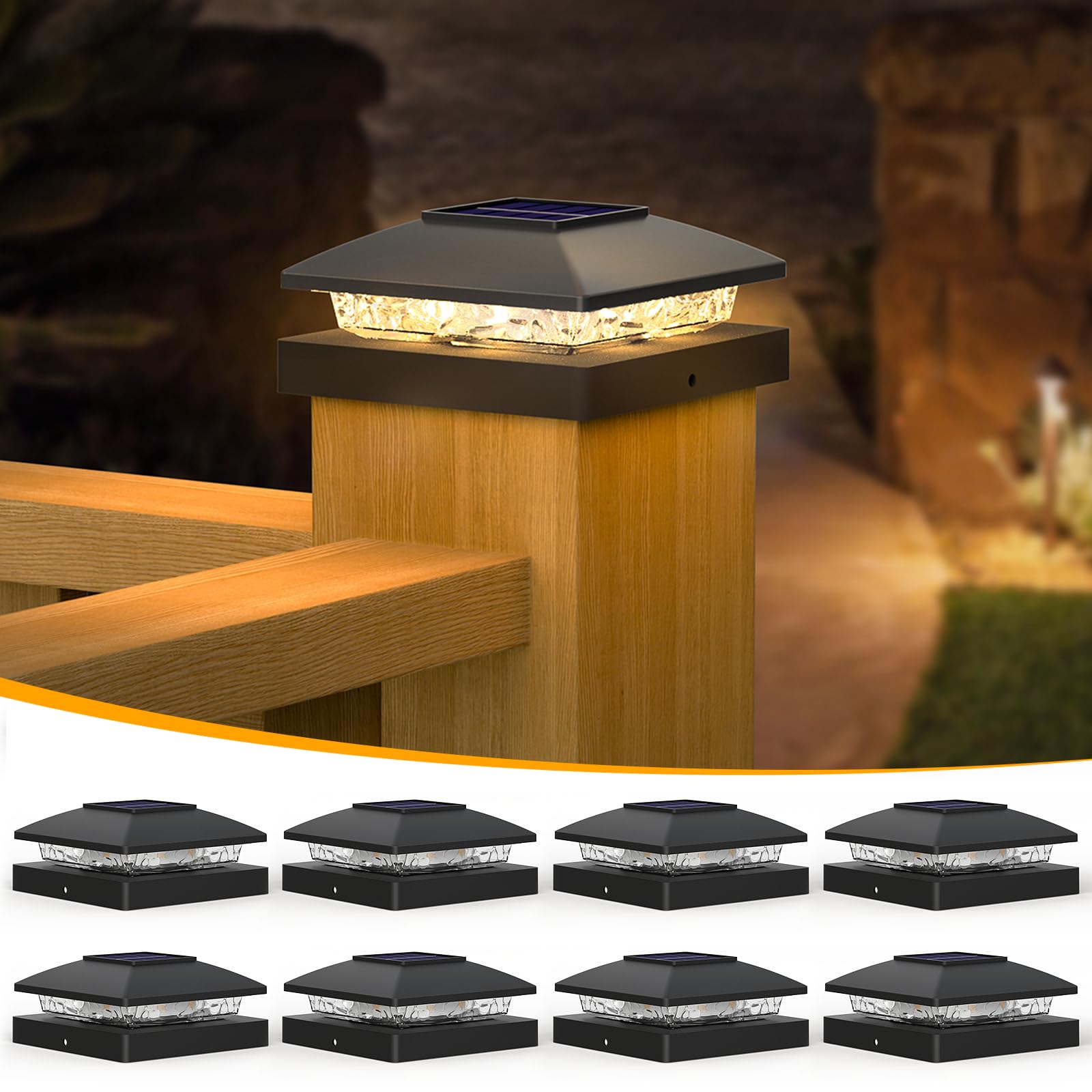 APONUO Solar Post Cap Lights, Black, 8 Pack, Warm White LED, IP64 Waterproof, Model TZ10W, for Deck, Fence, and Patio