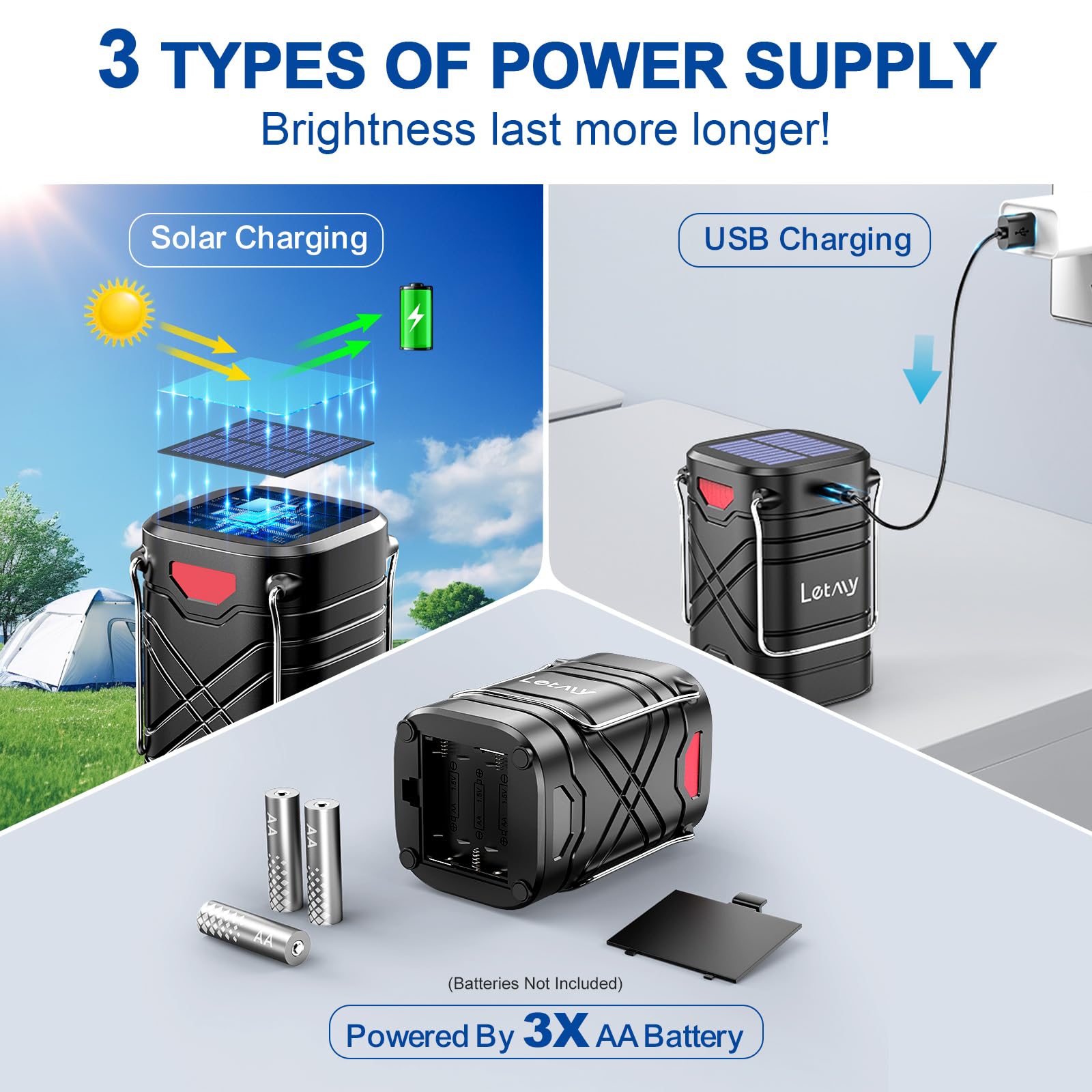 LETMY 4 Pack Rechargeable LED Camping Lanterns, Solar & USB Powered, Metal, Black, Model X2500, Ideal for Emergencies & Power Outages