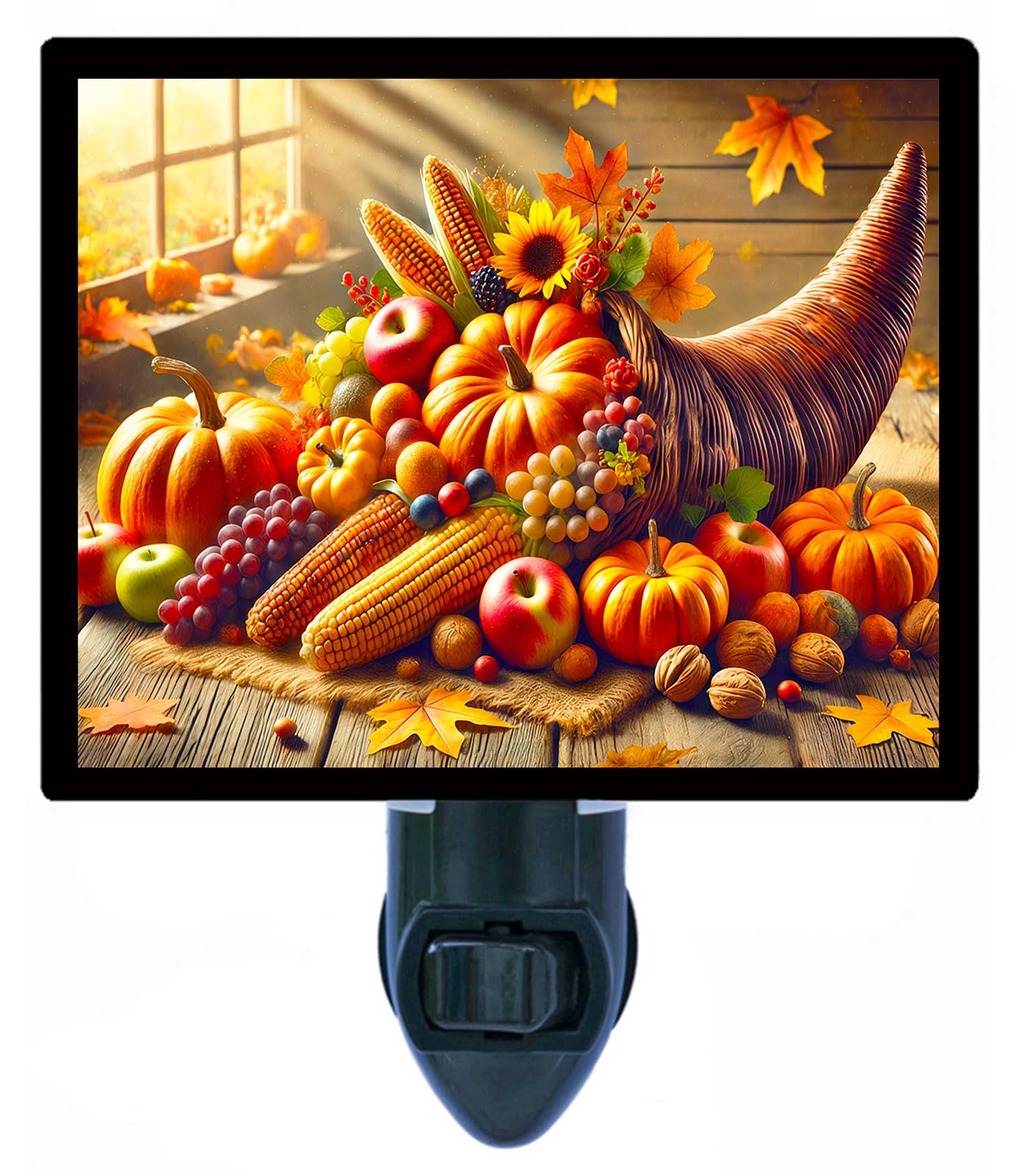 Bounty Of The Season Night Light - Thanksgiving Design  Fully Enclosed  Rotating Plug  Glass Front  4 Watt Bulb