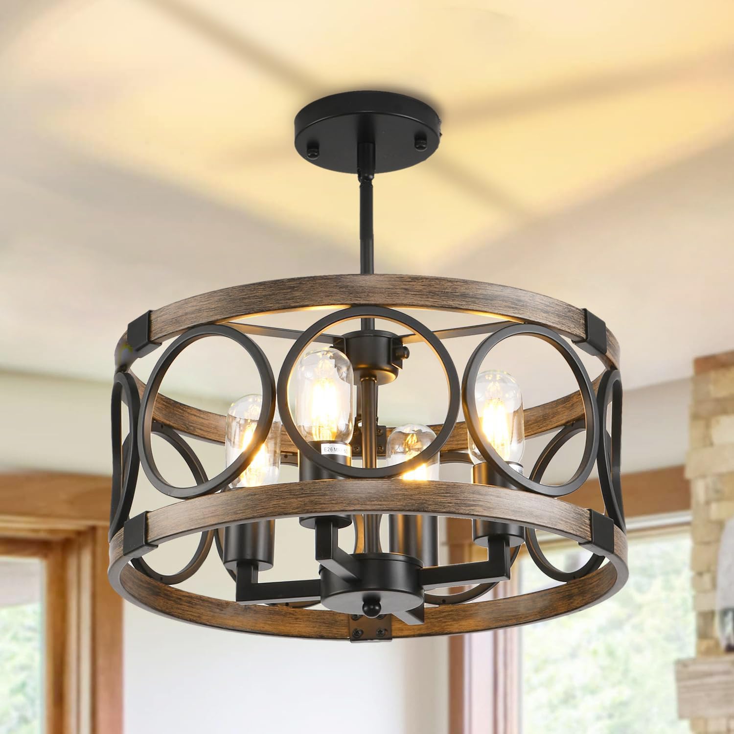 Shiandar Light Fixture Kitchen 4 Light Semi Flush Mount Ceiling Light Fixture Black Rustic Farmhouse Chandelier For Dining Room With Adjustable Height
