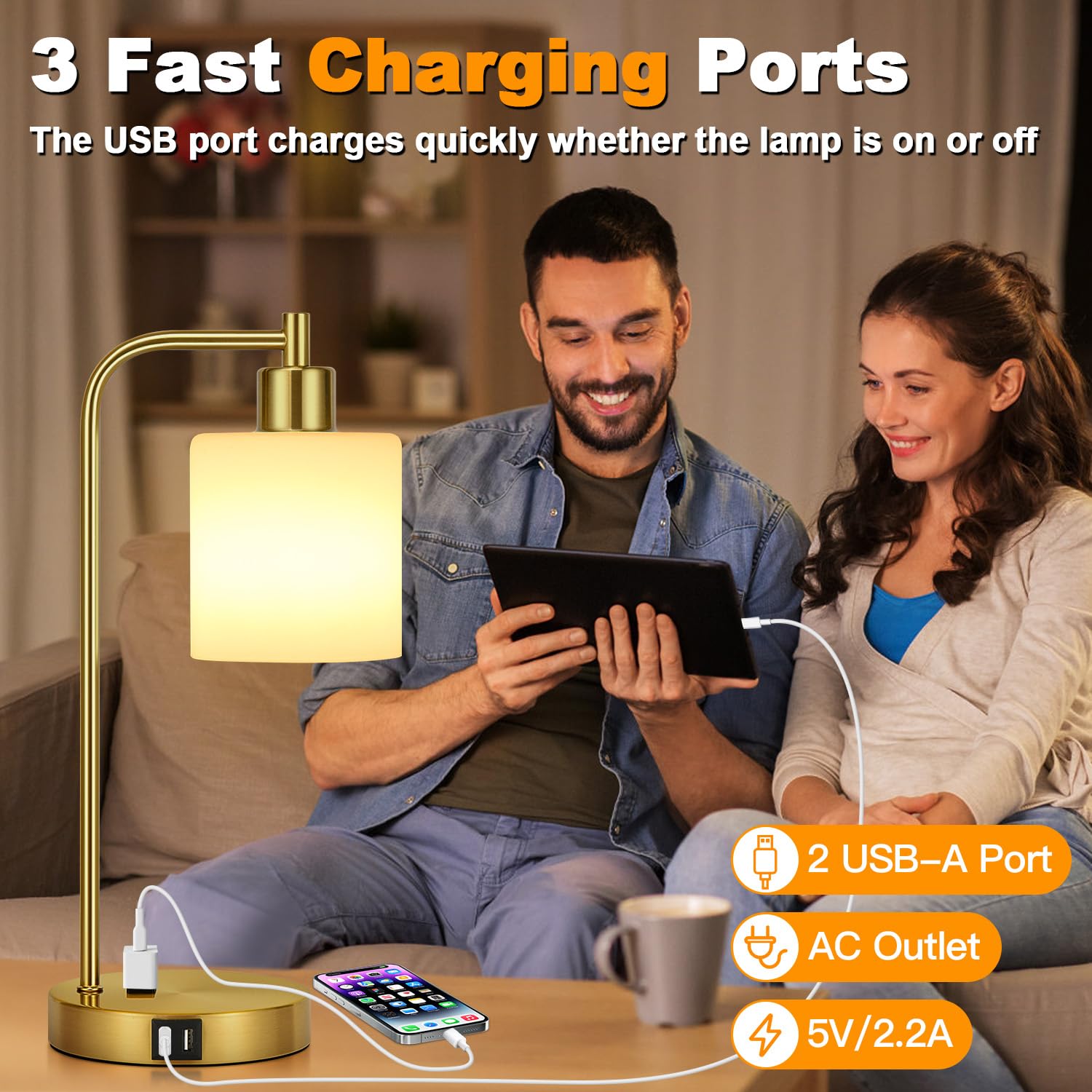 Set Of 2 Industrial Touch Control Table Lamps With 2 Usb Ports And Ac Outlet - 3-Way Dimmable Gold Bedside Lamps Nightstand Desk