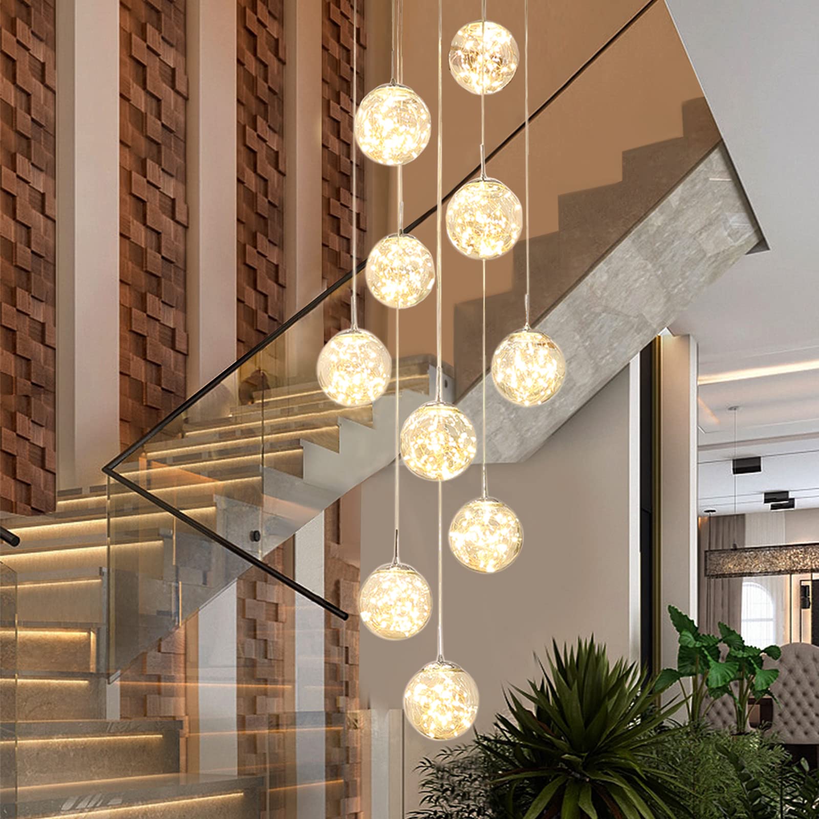 KAUCQI 15-Light LED Chandelier, Stainless Steel, Adjustable 23inW x 100inH, Yellow, Model SANQ-6, Modern Lighting for High Ceilings