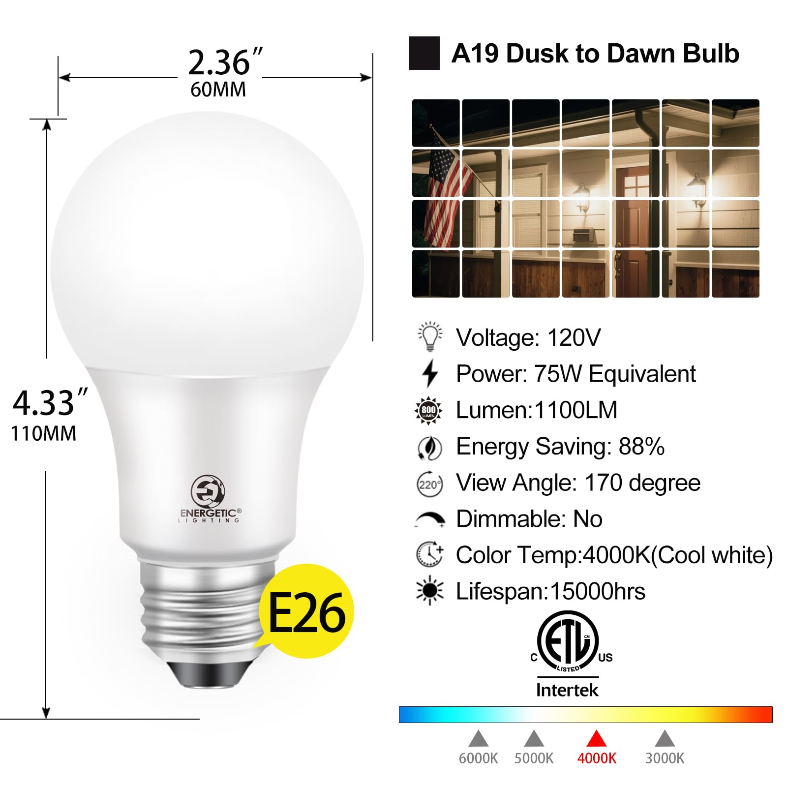 Dusk To Dawn Led Outdoor Light Bulb, 75 Watt Equivalent, 9W 1100 Lumens, 4000K Cool White Led Light Bulbs, E26 Base, Automatic O