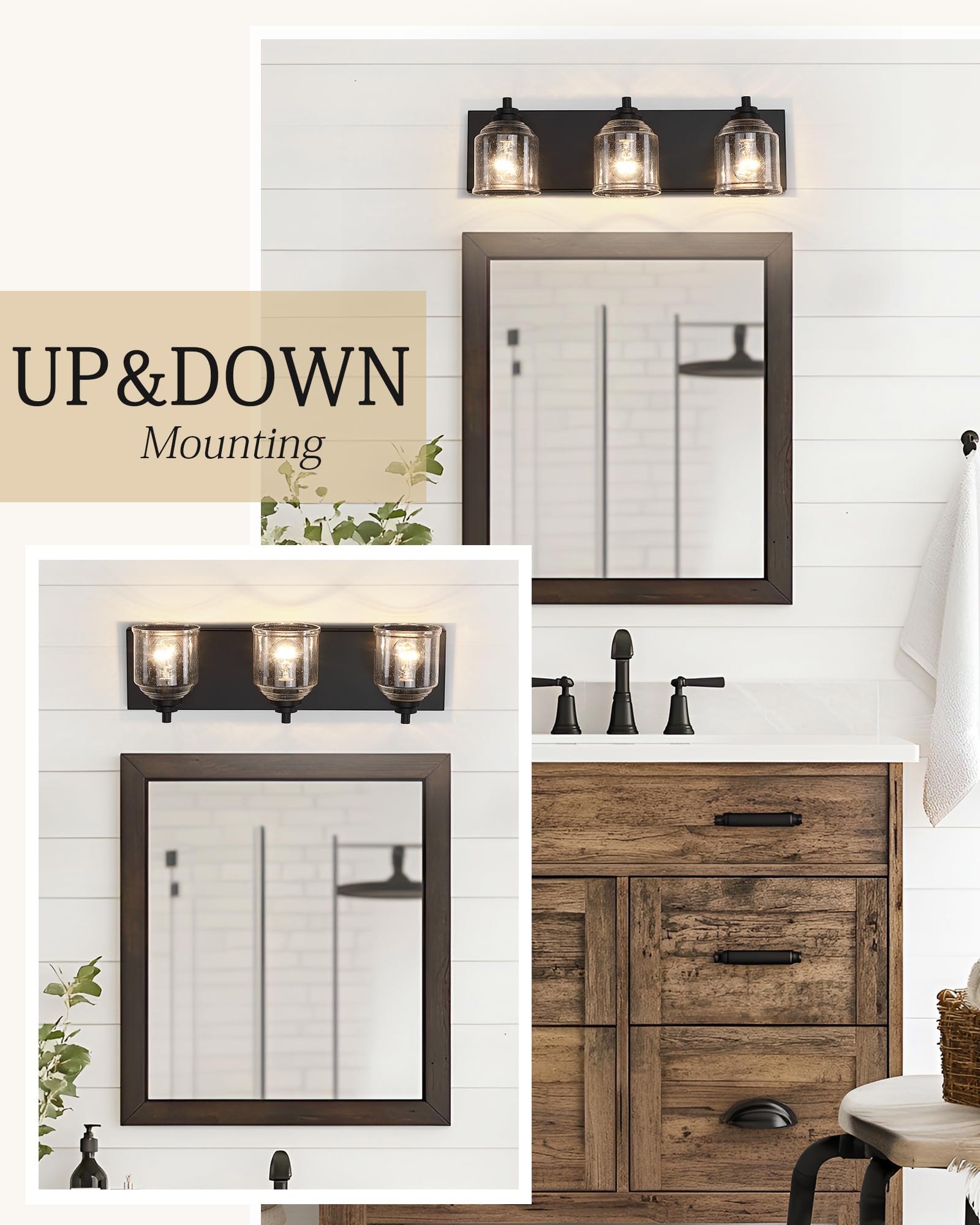 YKLITG 3-Light Farmhouse Bathroom Vanity Light, Black Metal with Bubble Glass Shades, Model BD005-3-MB