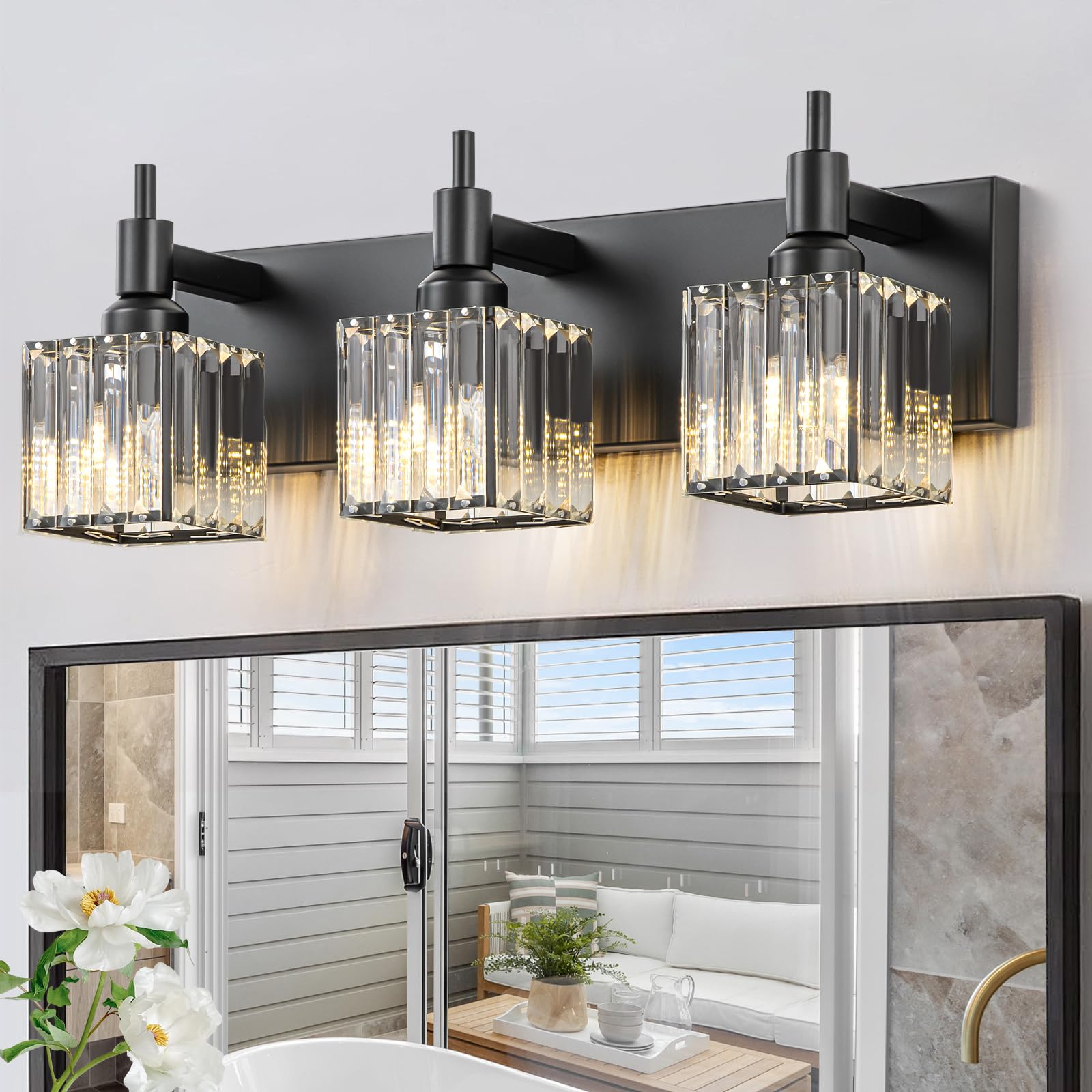 HUOKU Black Crystal 3-Light Bathroom Vanity Light Fixture Over Mirror, Metal with Square Shade