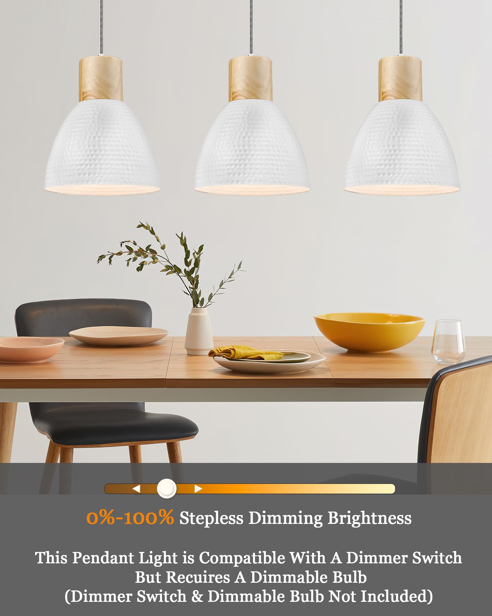 Elyona 10.2    Hammered Pendant Light Fixtures, Metal & Rubber Wood Island Hanging Lamp, Adjustable Height, Modern Pendant Light