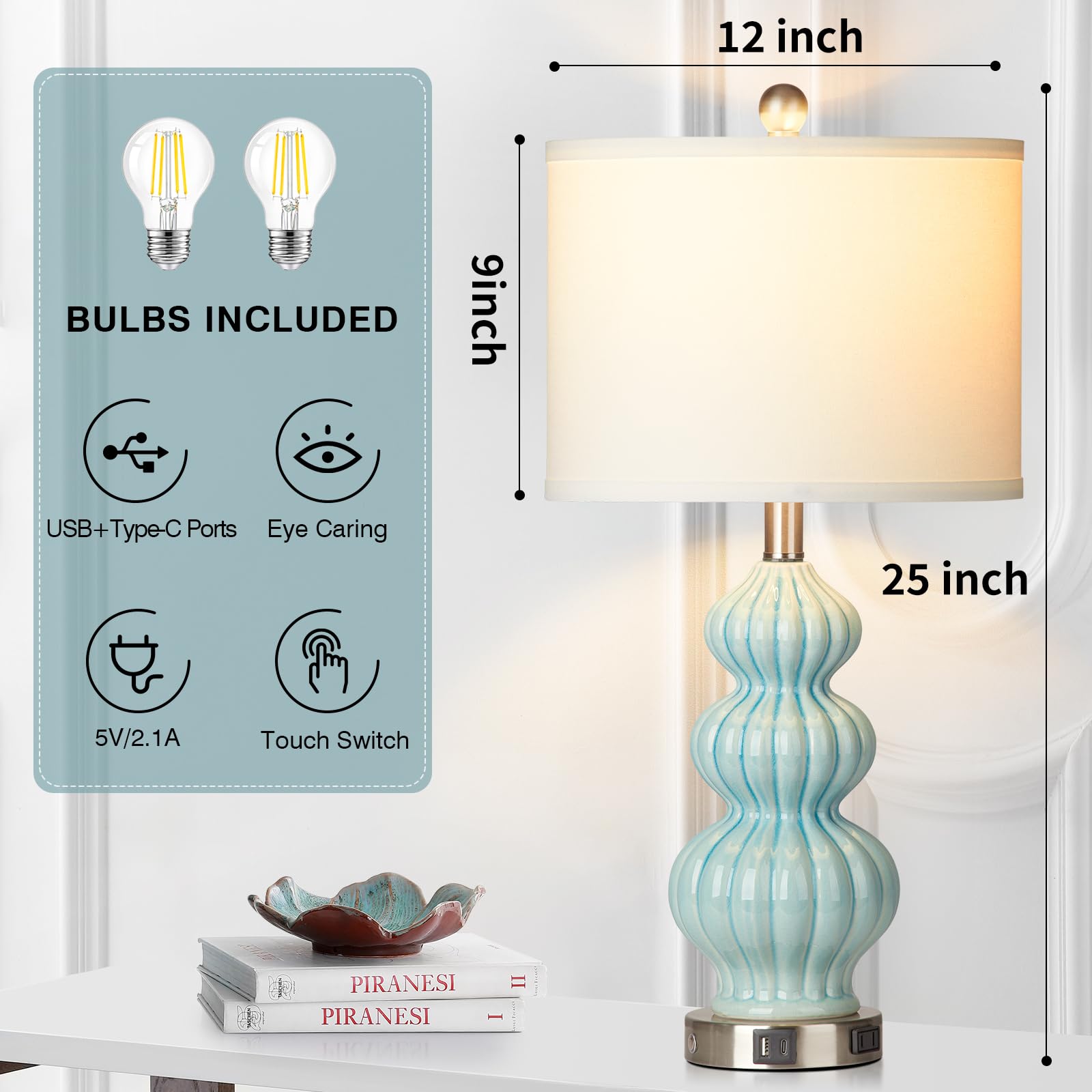 Rinweey Triple Gourd Ceramic Table Lamps Set Of 2, Modern Blue Bedside Lamps With Usb A+C Ports & Ac Outlet, 3 Way Touch Control Contemporary Nightstand Lamps For Bedroom Living Room (Bulb Included)