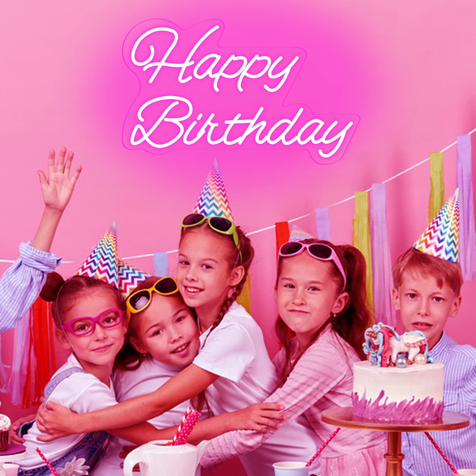 Neonawall Happy Birthday Neon Sign - 20 Inch Pink LED Light with Dimmable Switch - Reusable Birthday Party Decoration