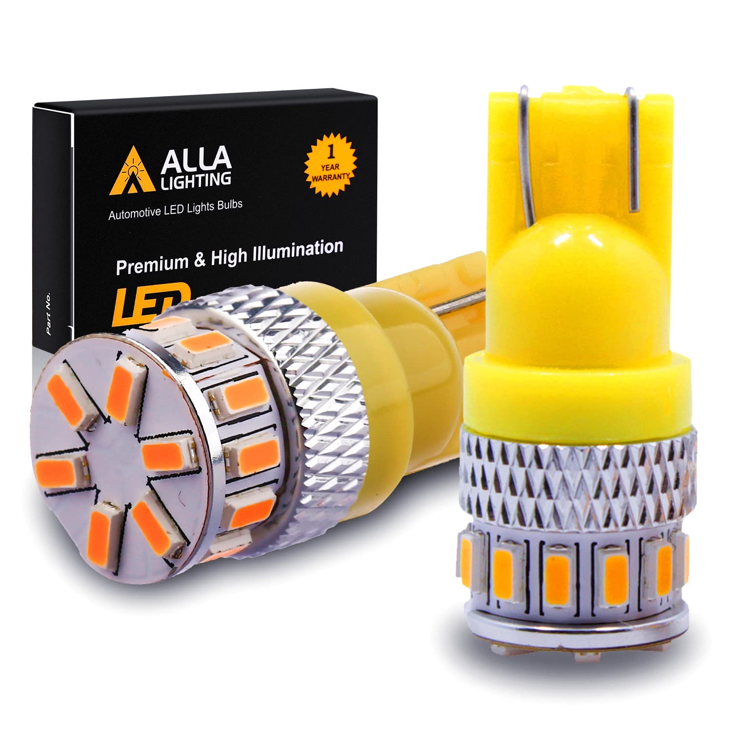 Alla Lighting T10 Wedge LED Bulbs, Amber Yellow, 3014 18-SMD, 12V Replacement for Cars and Trucks