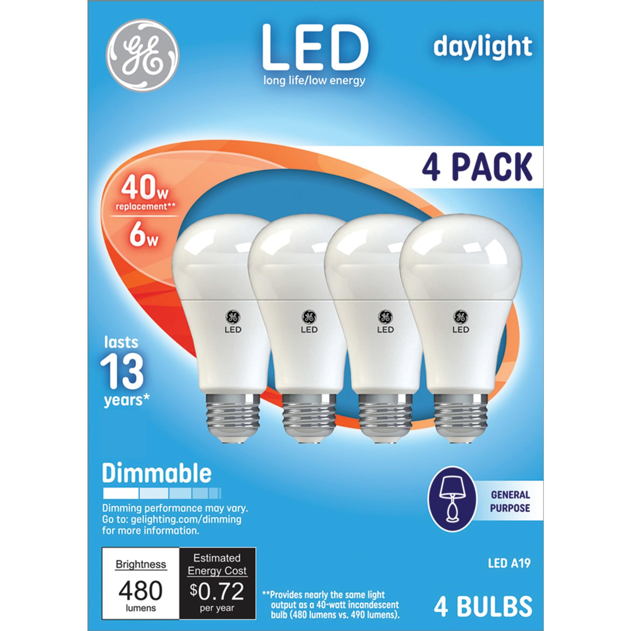 Ge Led Light Bulb, 40 Watt Eqv, Daylight, A19 (4 Pack)