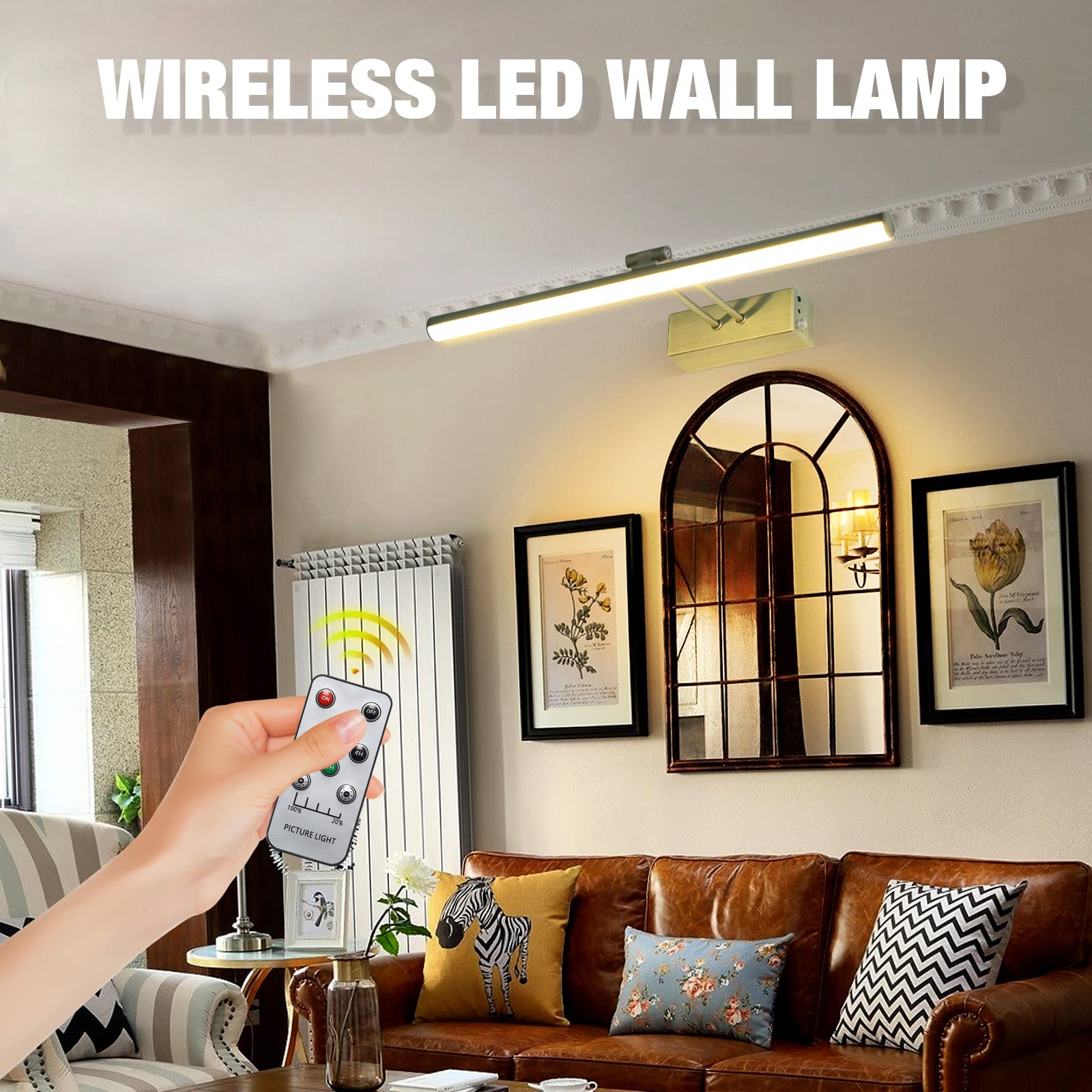 Howmzon 16 Battery Operated Picture Light - Metal Art Light In Antique Brass, Remote Control, Rechargeable, Model Hw202201Ab