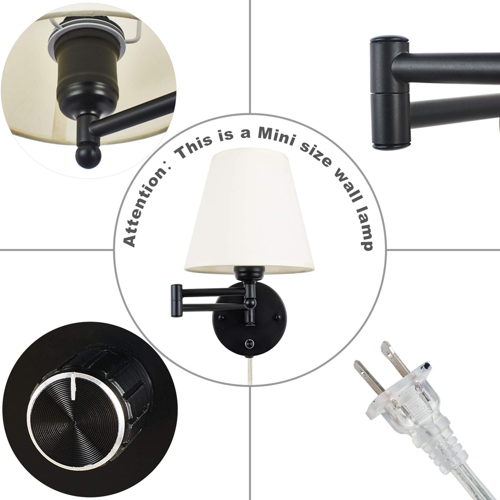 IC INSTANT COACH Swing Arm Wall Lamp - Opaque Ivory Linen Shade, Plug-in, 40W, Black and White