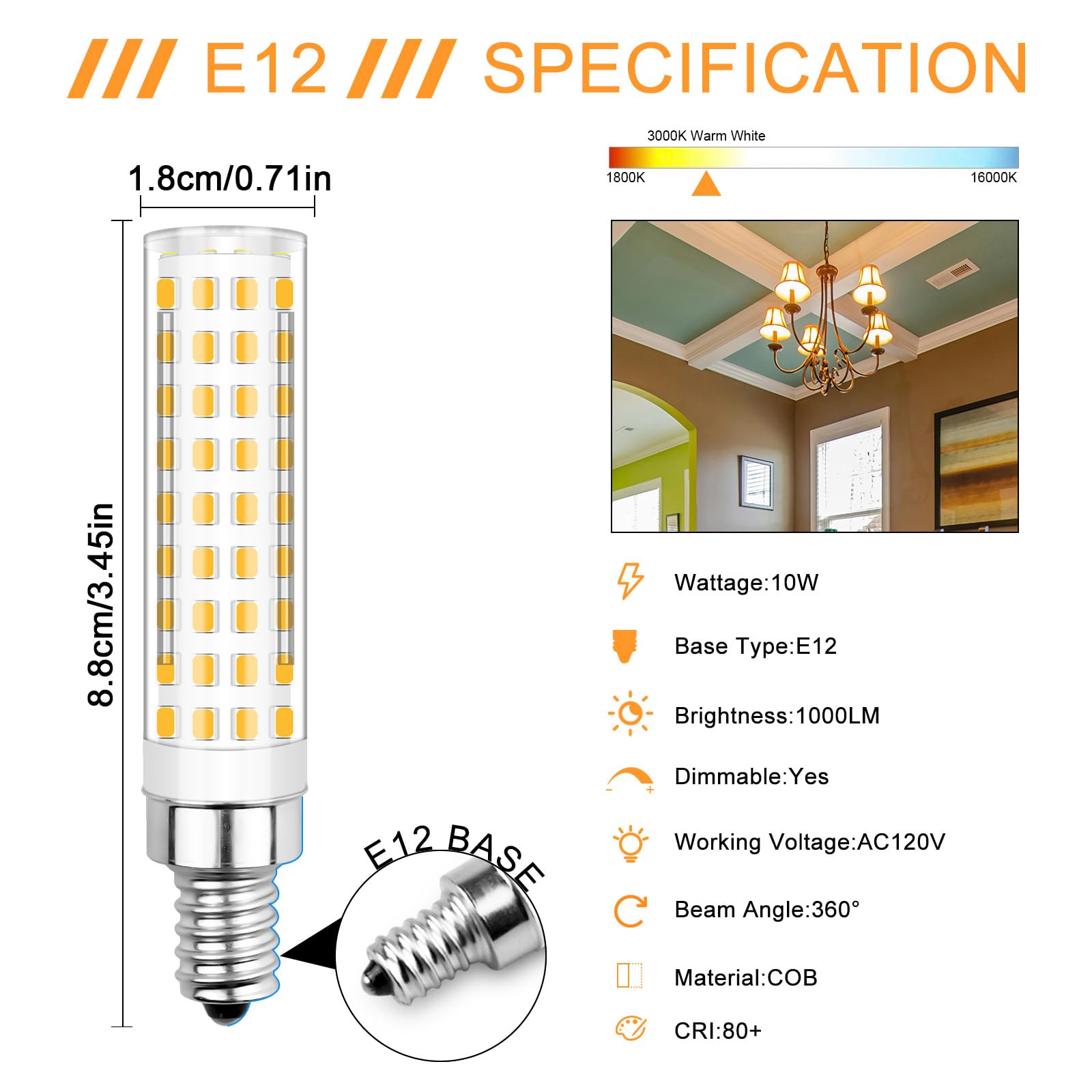 Tzhilan E12 Led Bulbs 100 Watt Equivalent 10W Candelabra Light Bulbs Dimmable, Warm White 3000K, Ac120V 1100 Lumen For Chandelie