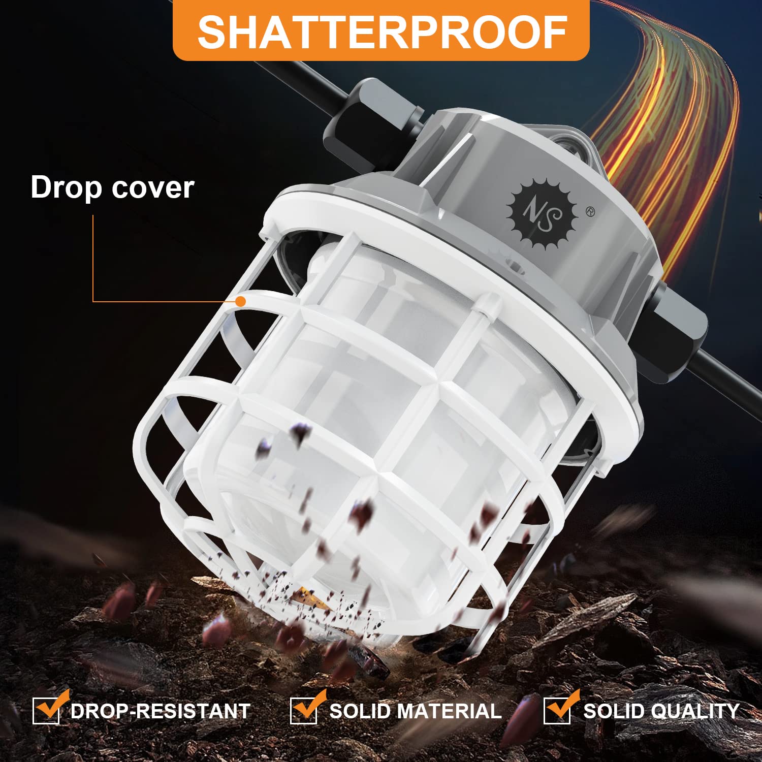 Ns 50Ft Construction String Lights 75W 7500Lm Led String Work Lights Industrial Grade Best For Construction Sites, Renovation, Mine Cave,Patio,Walkways And Other Outdoor Lighting