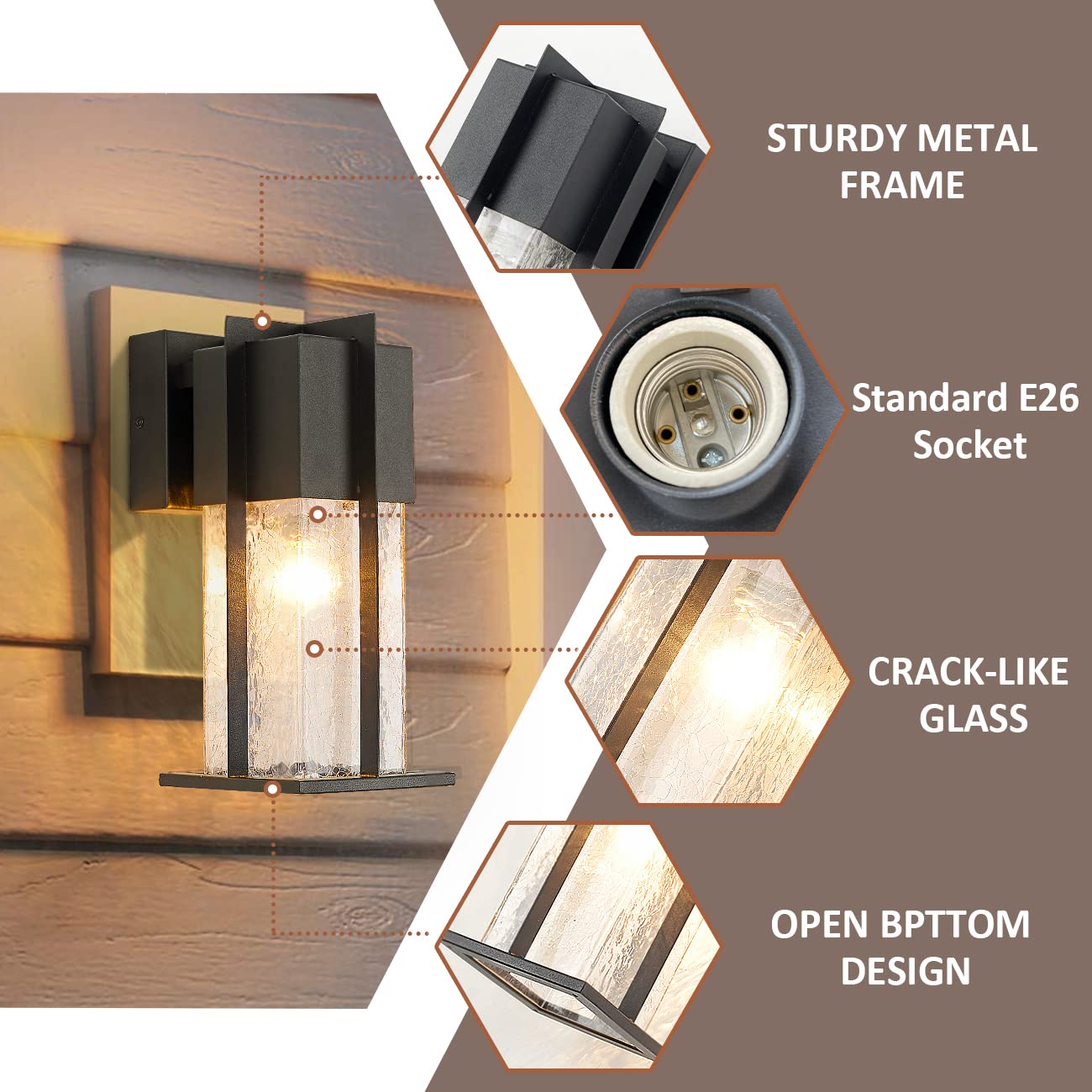 Zegolaer Outdoor Wall Light Fixtures With Crack-Like Glass Shade, Modern Outdoor Wall Sconce Exterior Light Fixture Ip65 Waterpr
