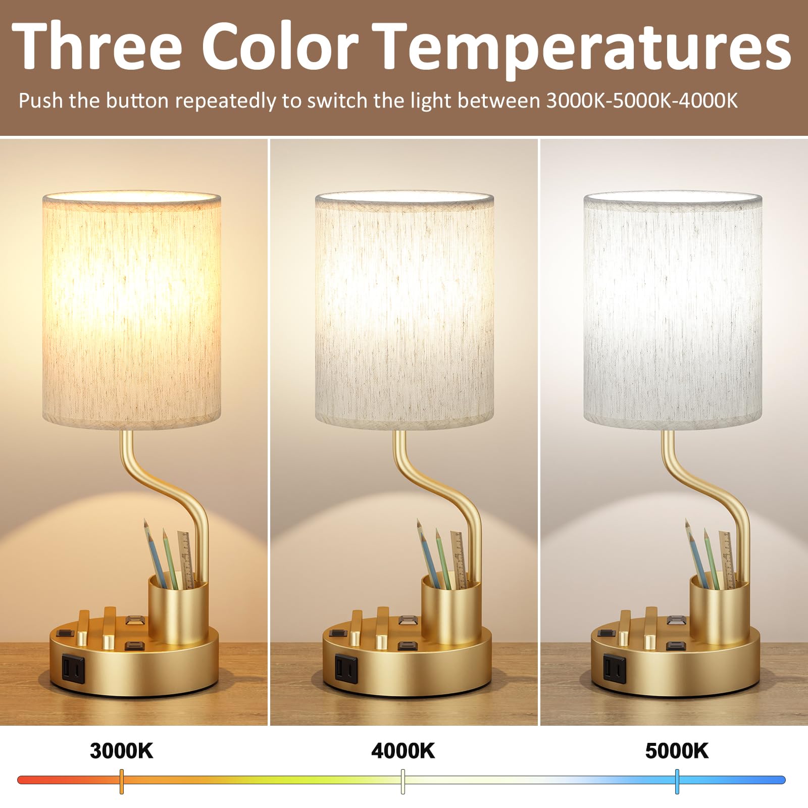 Fenmzee Gold Bedside Table Lamps Set of 2 - Nightstand Light with USB & AC Outlet, 3 Color Temperatures, Cream & Gold
