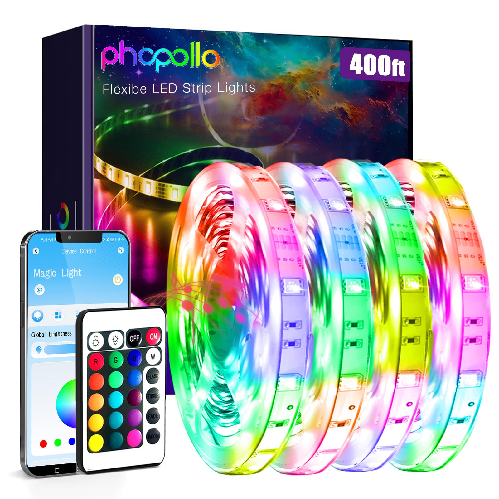 phopollo Bluetooth 24V Led Strip Lights 400ft (4 Rolls of 100ft), Color Changing LED Lights for Bedroom, Kitchen Decor, App Cont