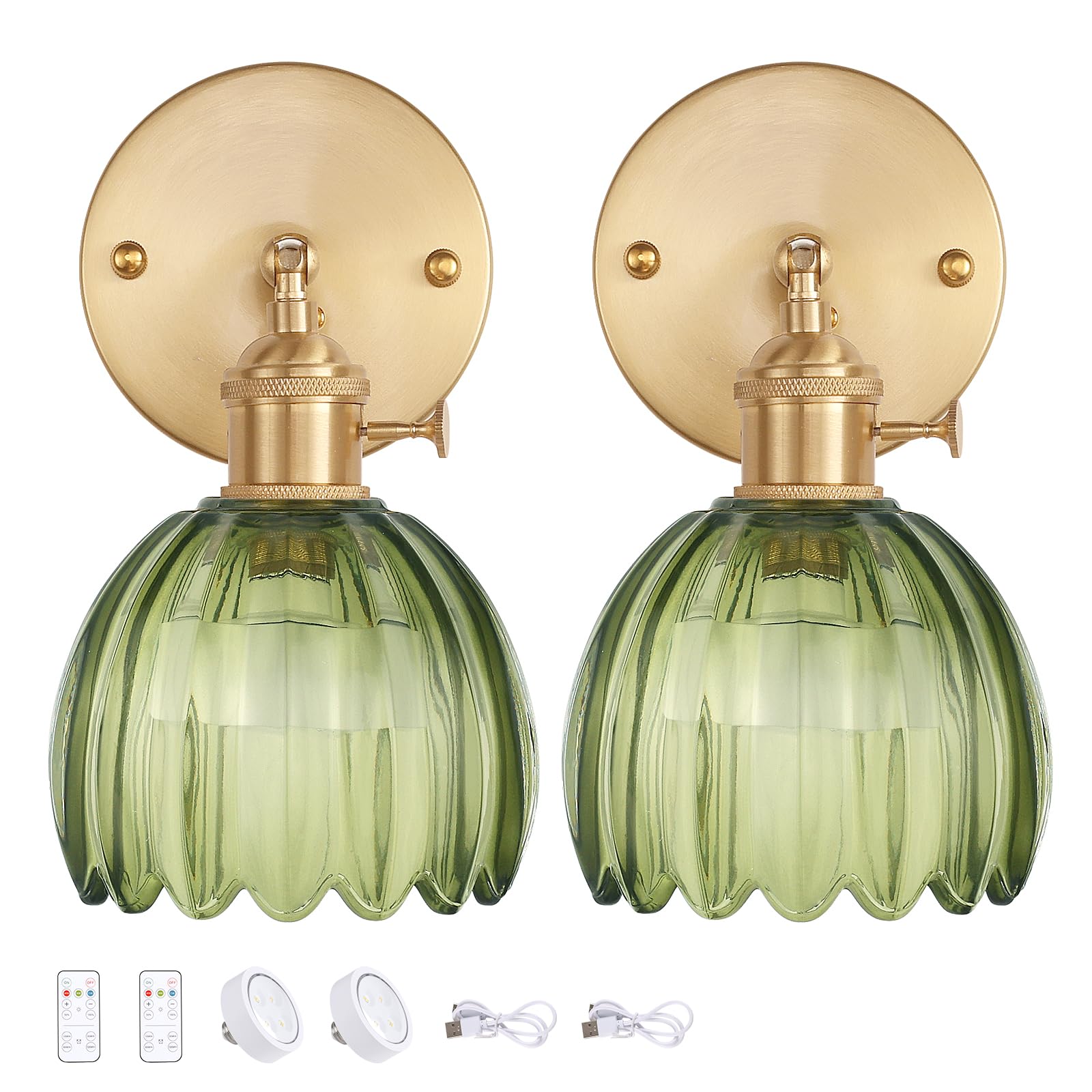 Shenmoyl Vintage Battery Operated Wall Sconce, Green Tulip Glass Lampshade, Wireless Rechargeable, Set of 2, Model 1-9331