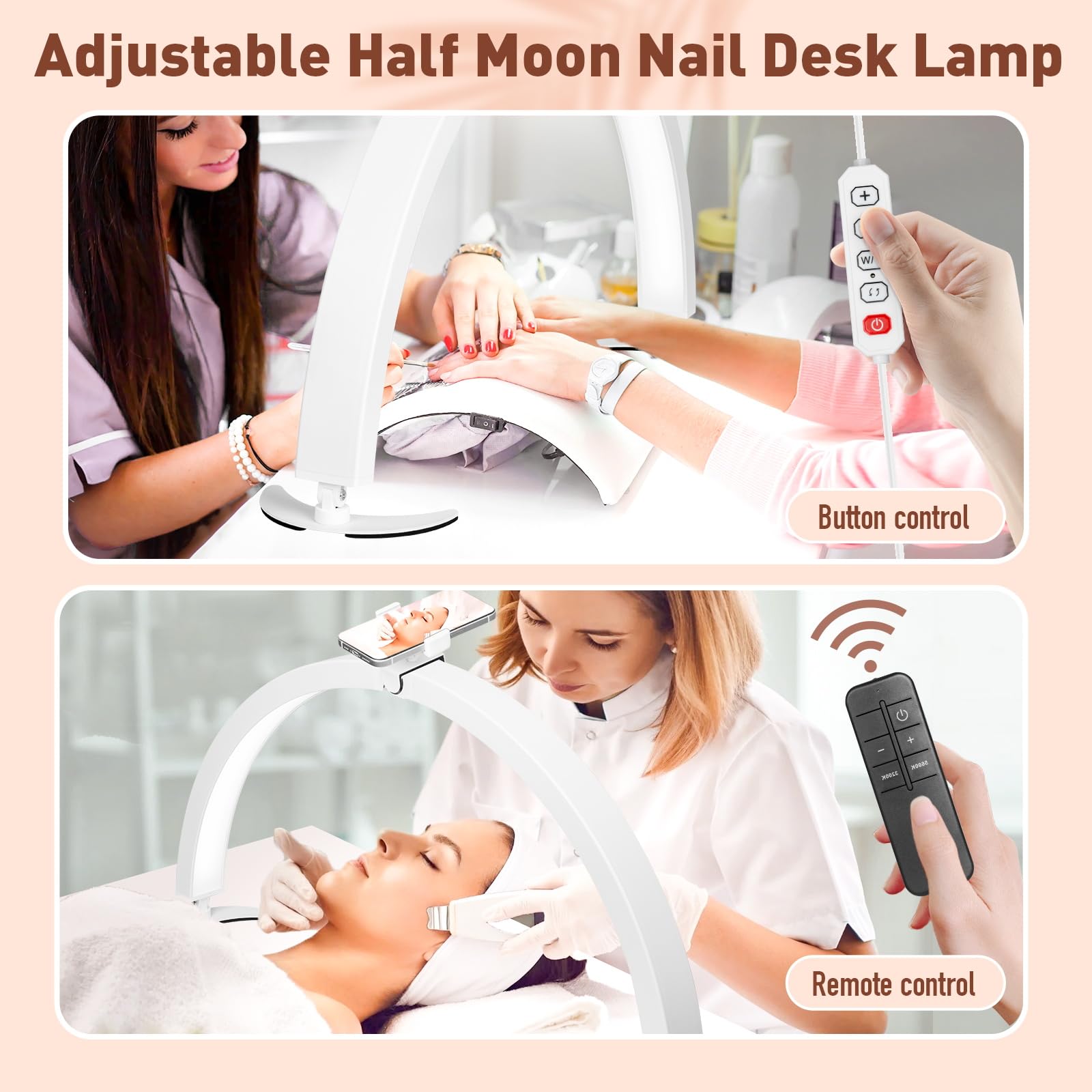 HITTI Half Moon Light for Nail Desk, Foldable with Phone Holder, 7 Color Modes, 10 Brightness, Oval Head, White, Model MJBYL-Pink