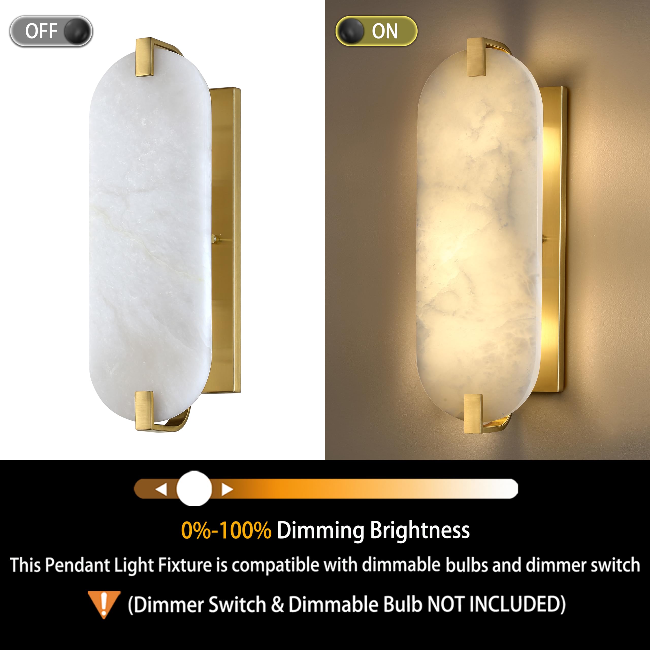 Cjy Chenjinyan 2 Pack 2 Light Oval Alabaster Marble Bathroom Wall Sconce Modern Concise Style Wall Light Fixture,Brushed Bronze
