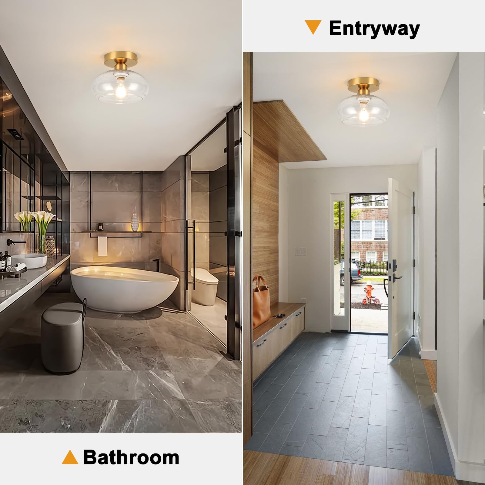 Wilon Semi Flush Mount Ceiling Light, Small Seeded Glass Ceiling Light Fixture Modern Gold Bathroom Ceiling Light Kitchen Lighti