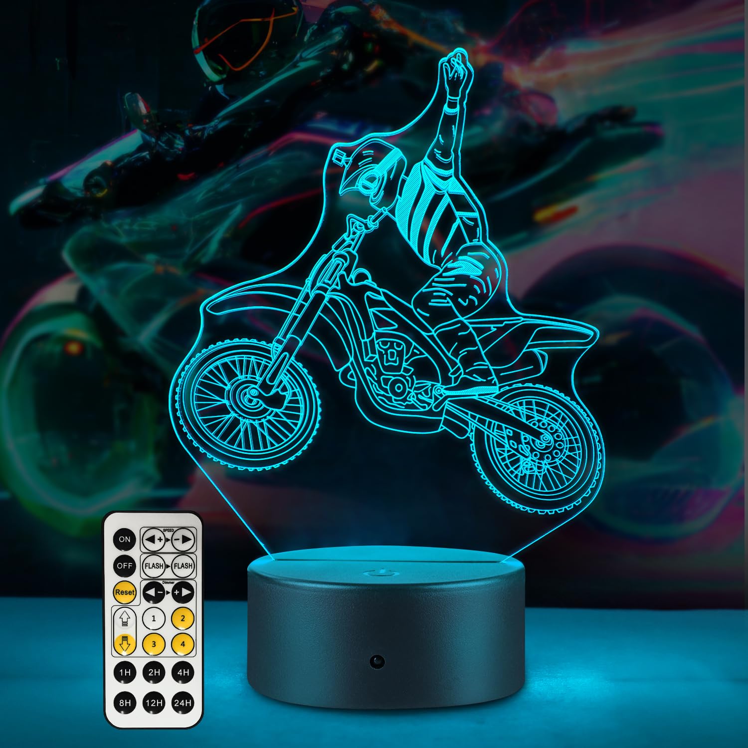 qiujonvy Biker Kids Gifts, 7 Colors Changes Remote Control Motocross Lamp, Dirt Bike Night Light for Boys Girls Room Birthday Xm