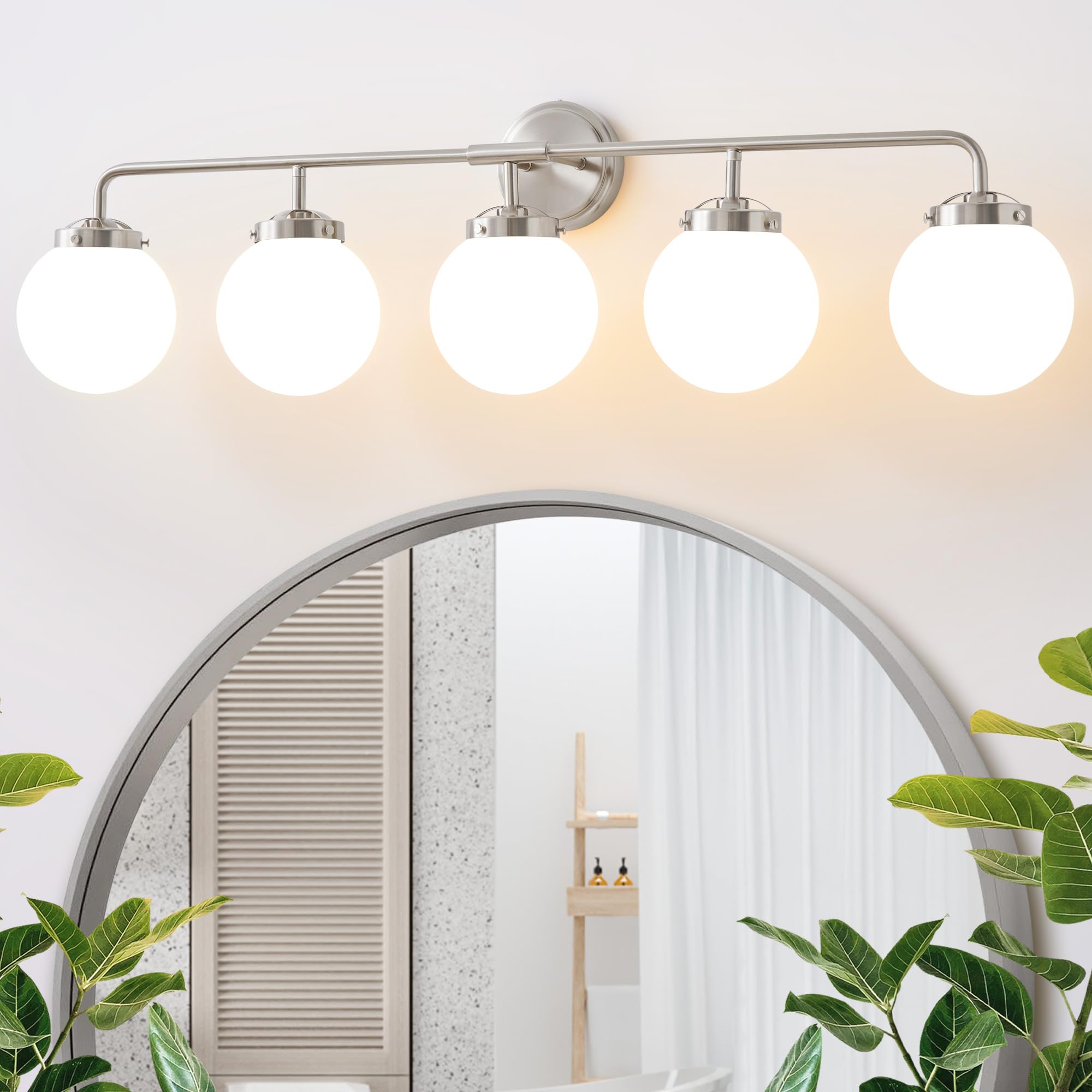 Deyidn Bathroom Light Fixtures Over Mirror, Brushed Nickel Modern Vanity Lighting With Milk White Glass Globe Shades 5-Light Far