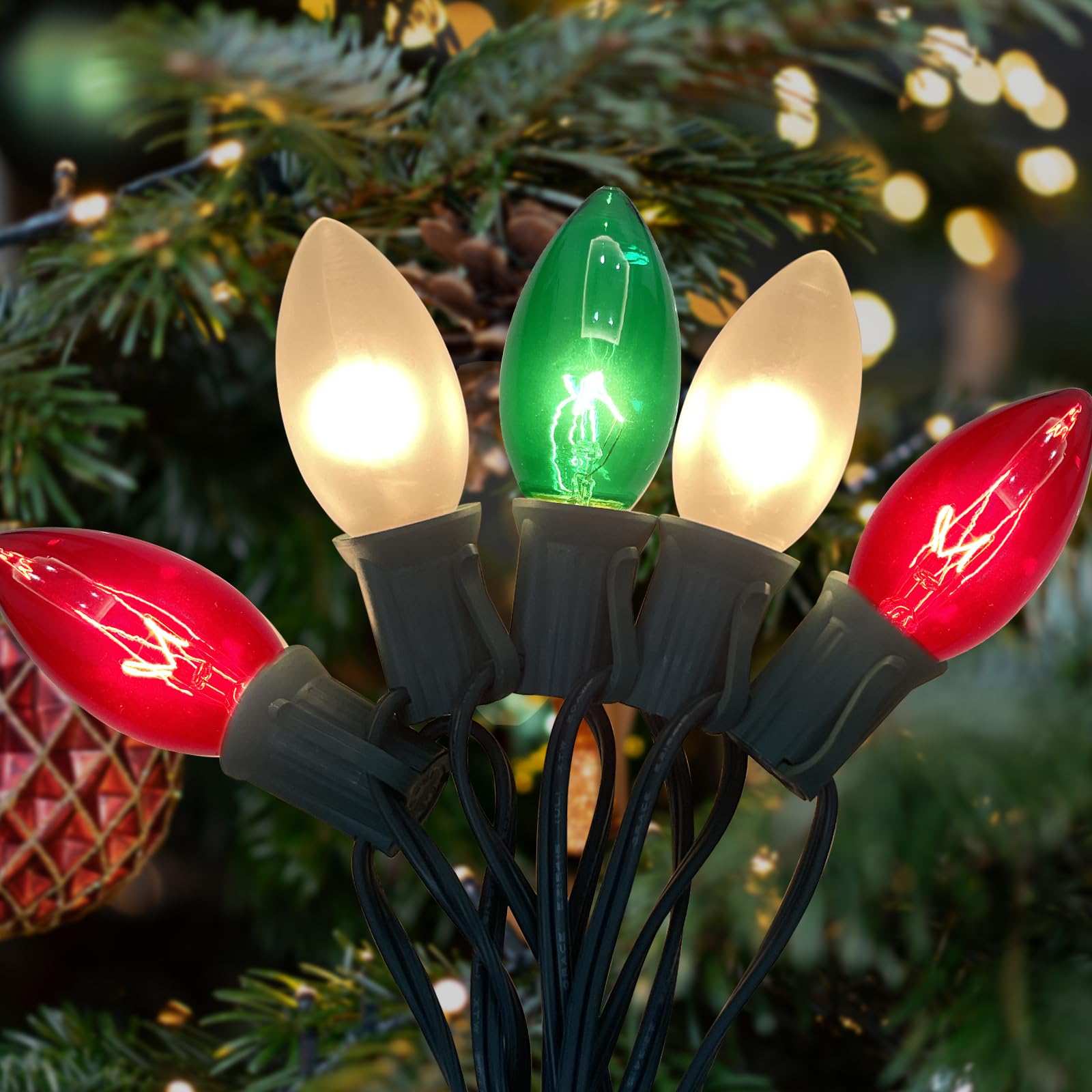 25Ft C9 Christmas Multicolor String Lights, Vintage Christmas Lights with 27 C9 Clear Red/Green/Frosted White Bulbs, Outdoor Han