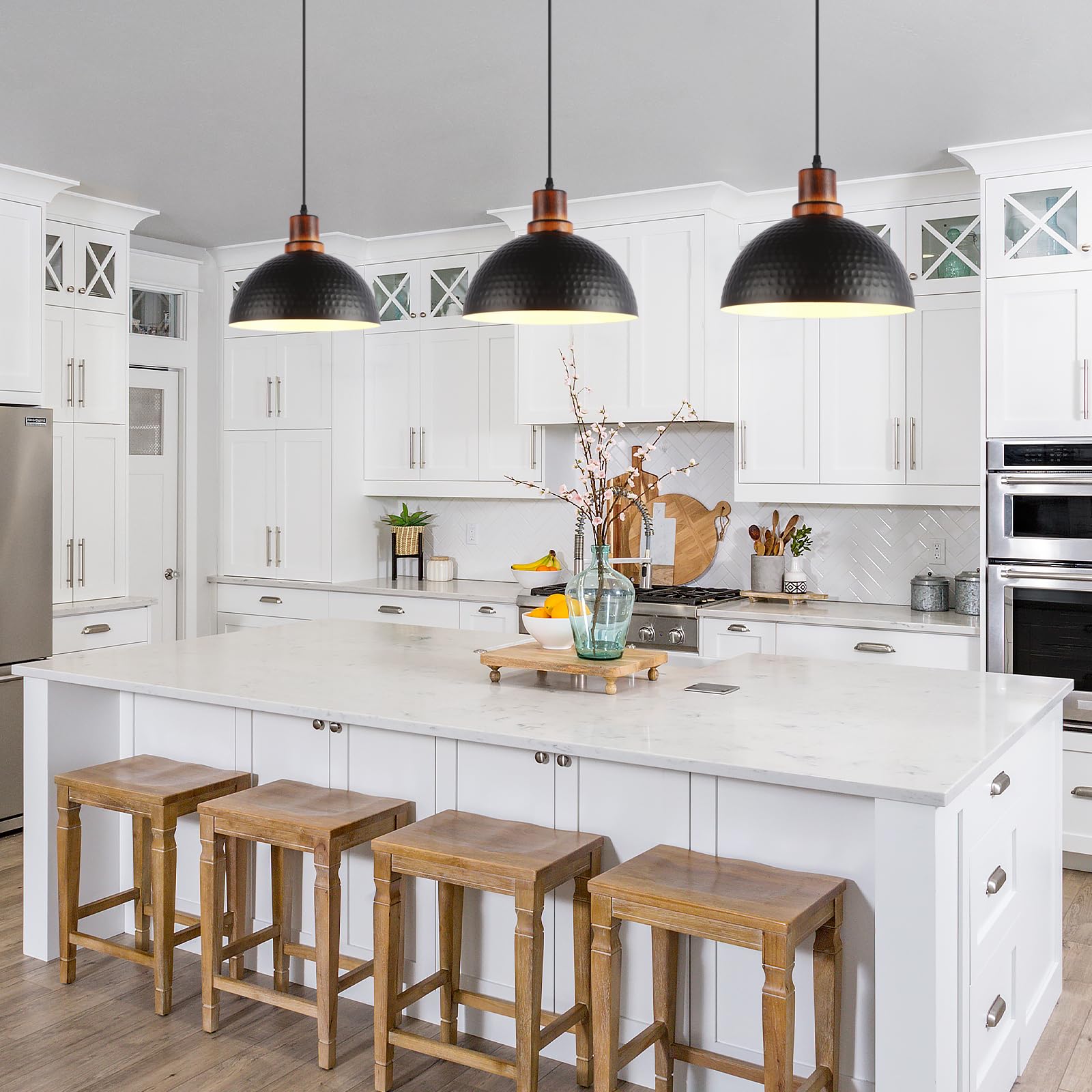Mgcanyu Solid Wood Pendant Lights 3 Pack, 12" Matte Black Metal Fixtures for Kitchen, Dining, Living Room, Industrial Style