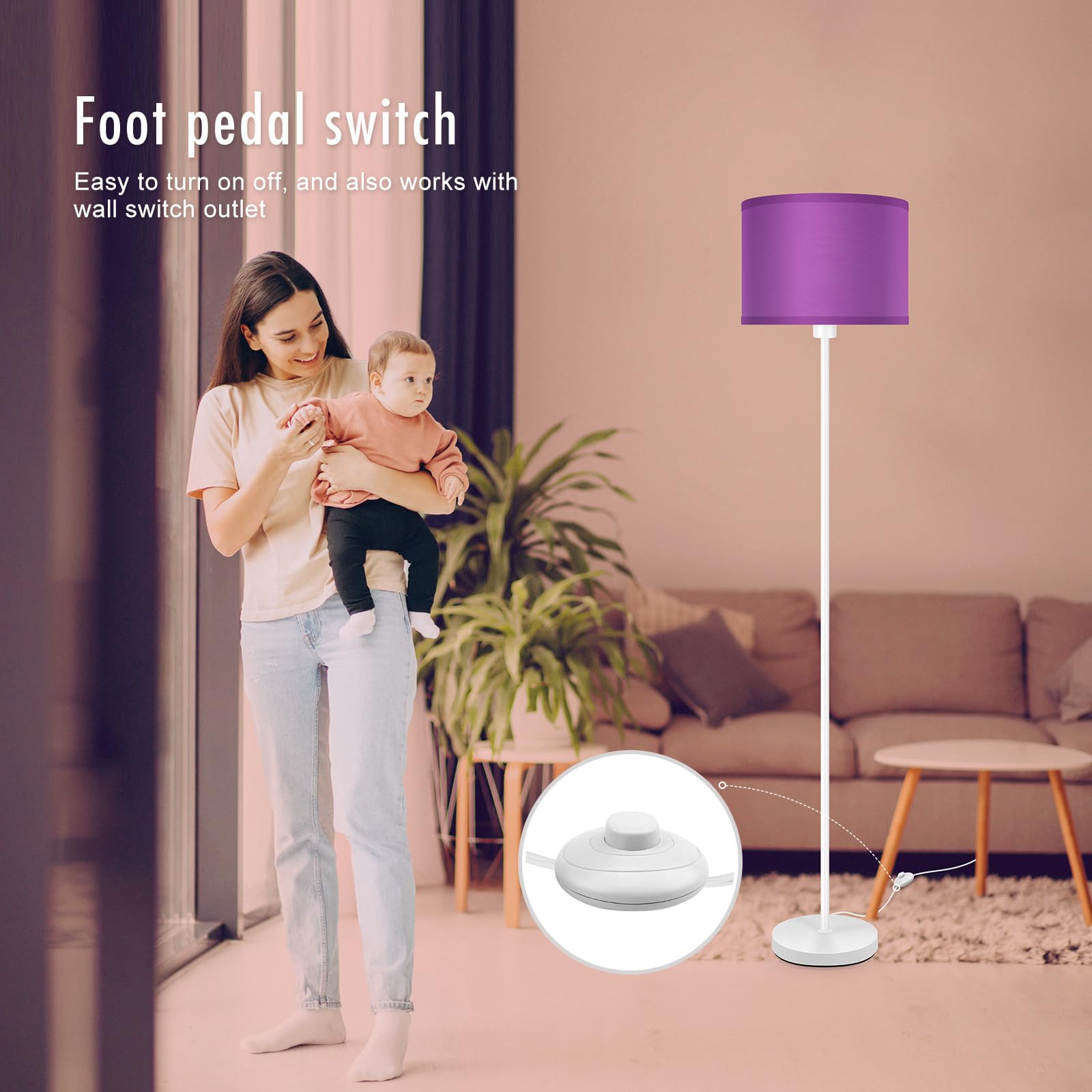 AUQUEE Floor Lamp, Modern 59" Standing Lamp with Purple Lampshade, Metal, White, Foot Switch - Model AQ1123US