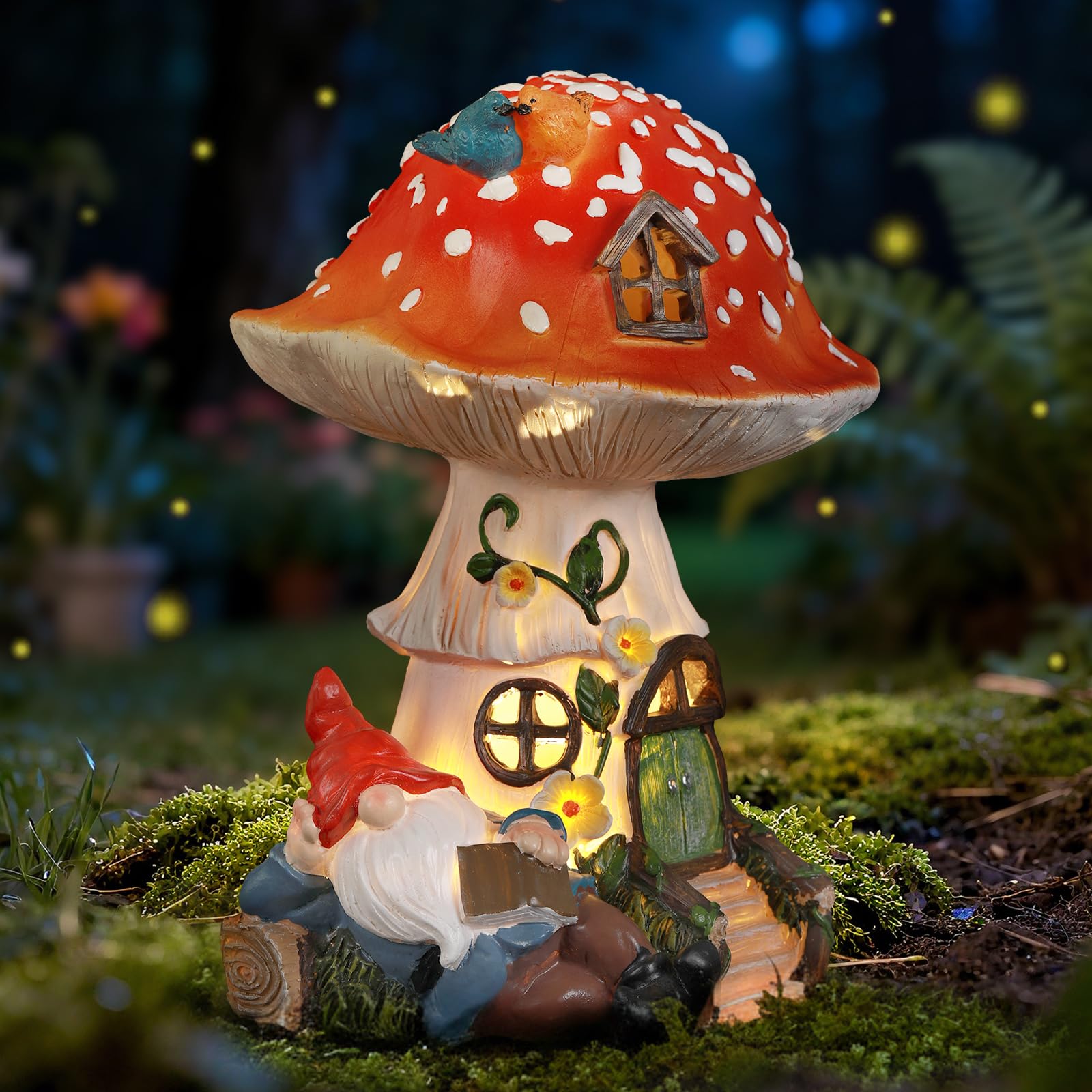 Ayadon Solar Mushroom Statue Outdoor Decor,Gnome Reading Under Mushroom Figurine with LED Light, Fairy Garden Patio Lawn Yard De