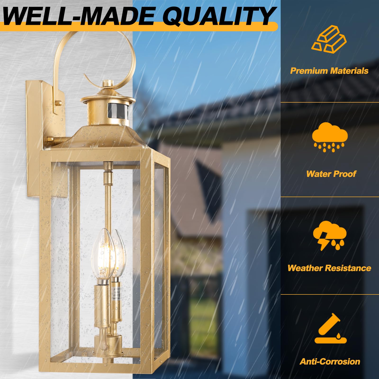 Yolsunes 20&quot; Gold Motion Sensor Outdoor Light, Waterproof Wall Sconce, 3 Modes, Farmhouse Fixture