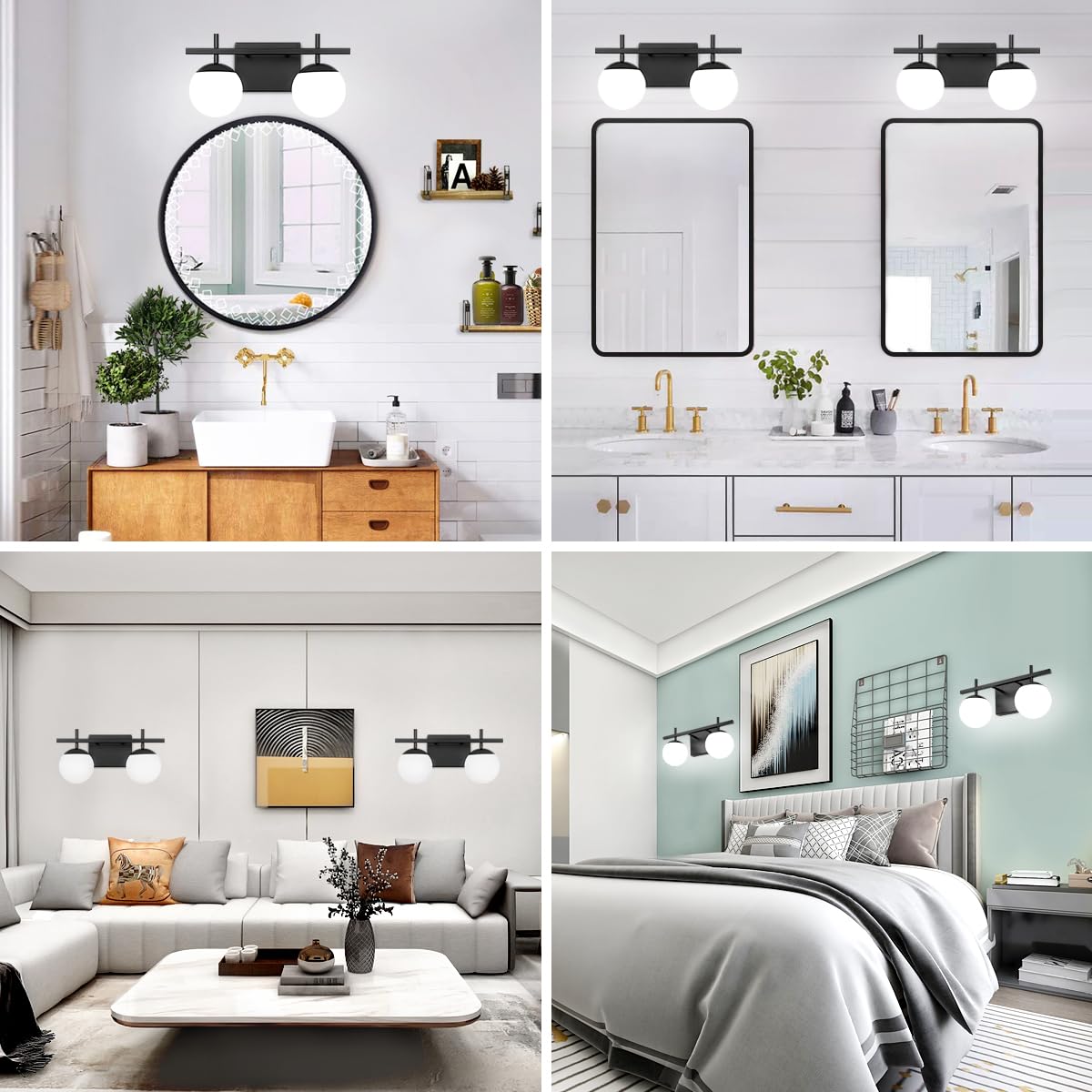 Zsmihdoh 2-Light Black Bathroom Vanity Light, Mid Century Modern Globe Fixtures With Milky Glass