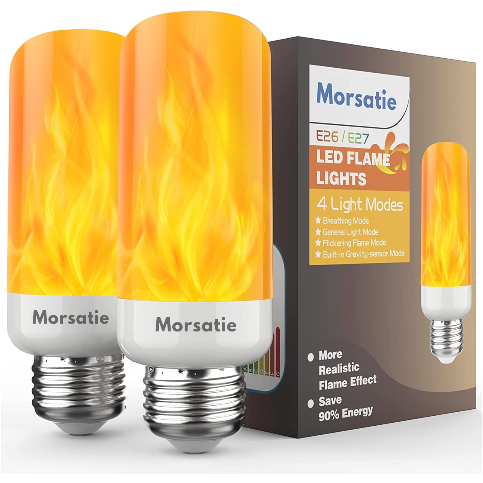 Morsatie Led Flame Light Bulbs, 4 Modes Flickering E26/E27, 2 Pack For Halloween & Parties
