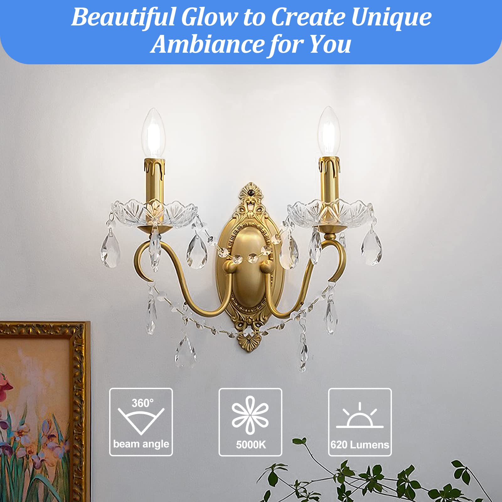 Brightever E12 Candelabra LED Light Bulbs, 6W Clear Filament, 5000K Daylight White, Pack of 5, Non-Dimmable Chandelier Bul
