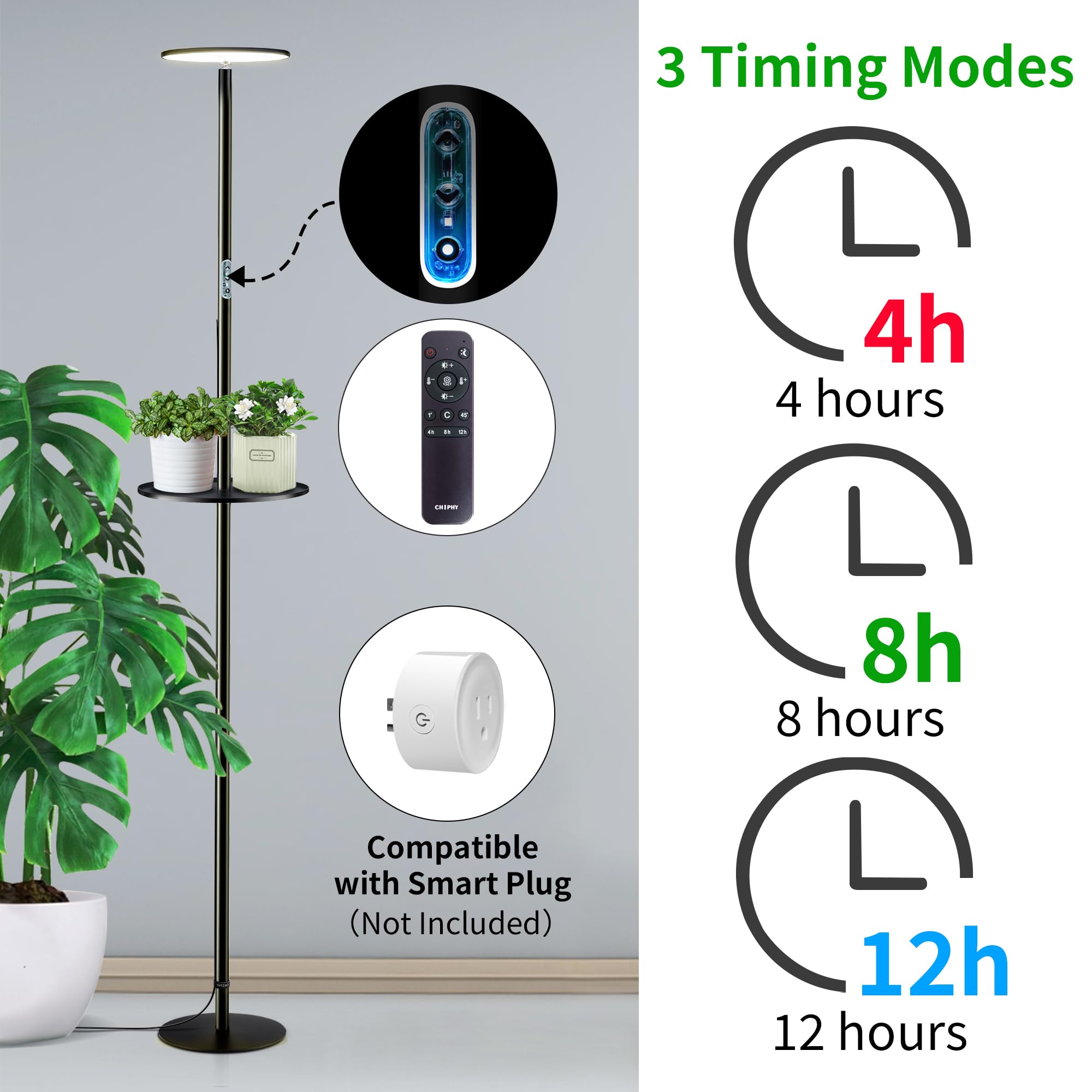 chiphy Grow Lights - Full Spectrum Indoor Plant Light, 40W, 69" Tall, Aluminum, Black, Remote Control, Timer, 10 Dimmable Brightness
