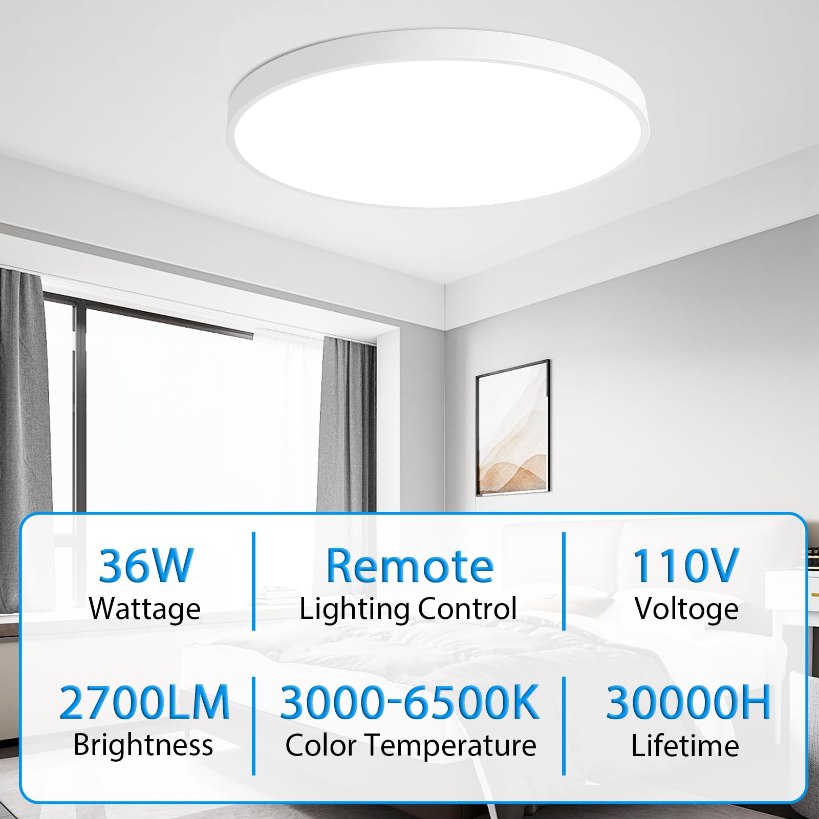 HOVENLA 36W Dimmable LED Flush Mount Ceiling Light Fixture, 19.7 Inch, White, Model LT0050-T01