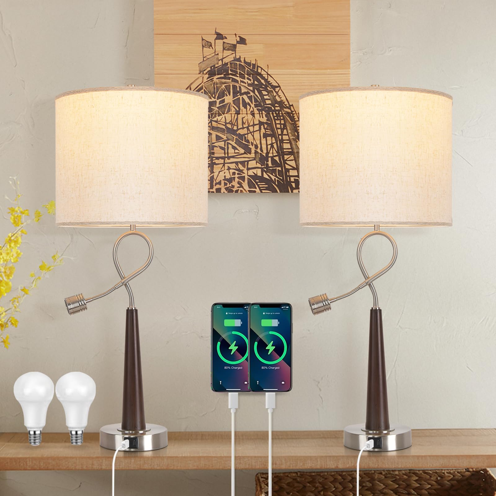 Rustic Farmhouse Table Lamps Wood Grain Swept Table Lamp Four Way Dimming Night Light Led Lamp Bedside Table Lamps Set Reading L